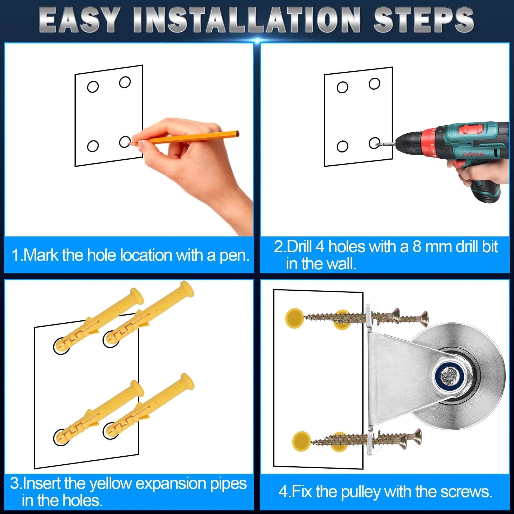 Installation guide for Groove Pulley Wheel for Rope Wall Mounted 2 Pack Stainless Steel Super Silent Cable Pullys Wheels System V Type Blocks