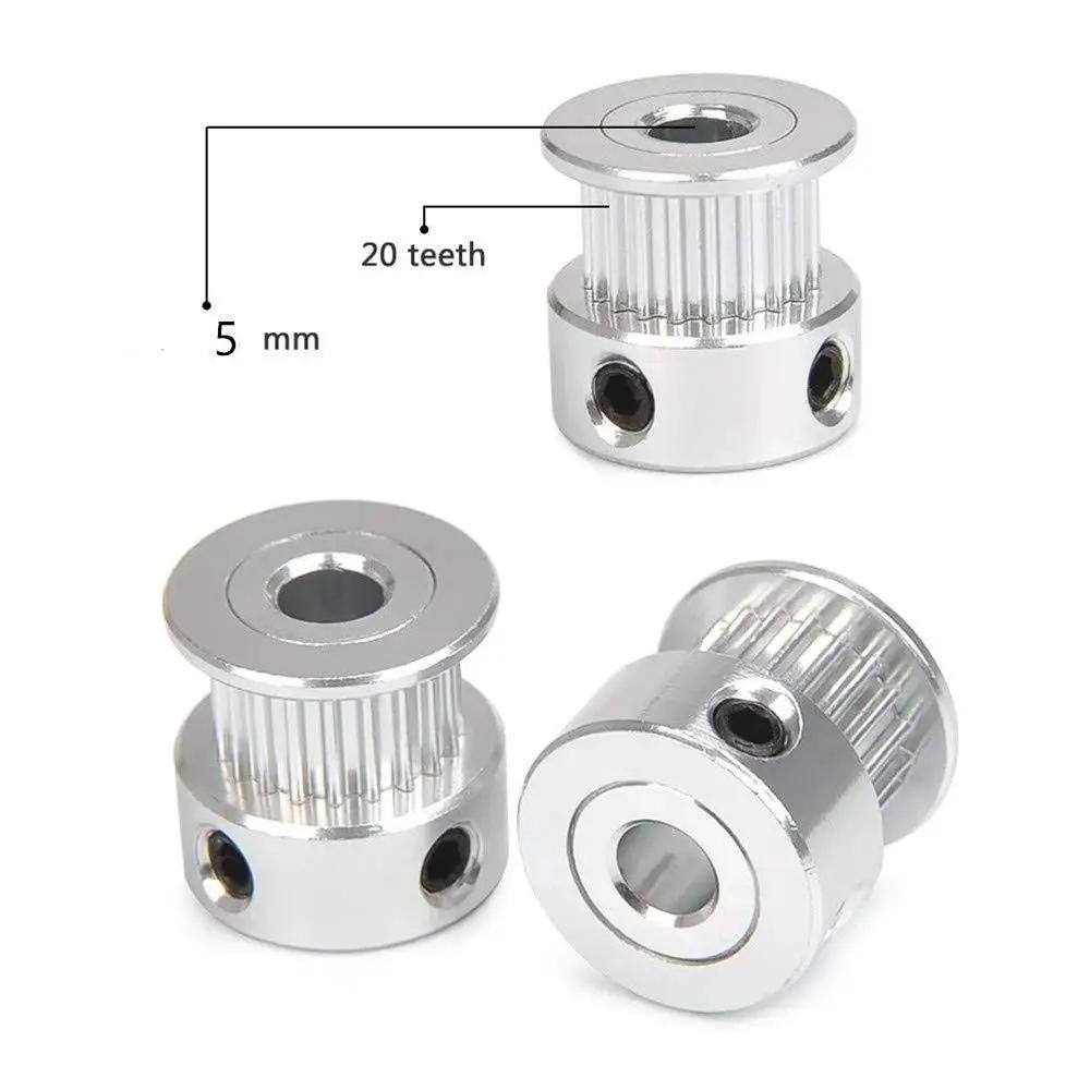 GT2 20 Tooth Aluminum Timing Belt Pulley With 5mm Bore For 6mm Wide Belts Includes Screws High Precision Machined For 3D Printers CNC Milling Machines And Gear Forming Equipment 10 Pack image showing three pulleys and size specification.
