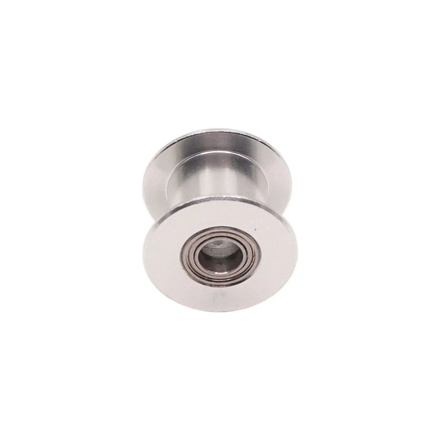 Close-up of GT2 Idler Pulley Toothless 5mm Bore for 10mm Timing Belt, showing aluminum construction and bearing detail.