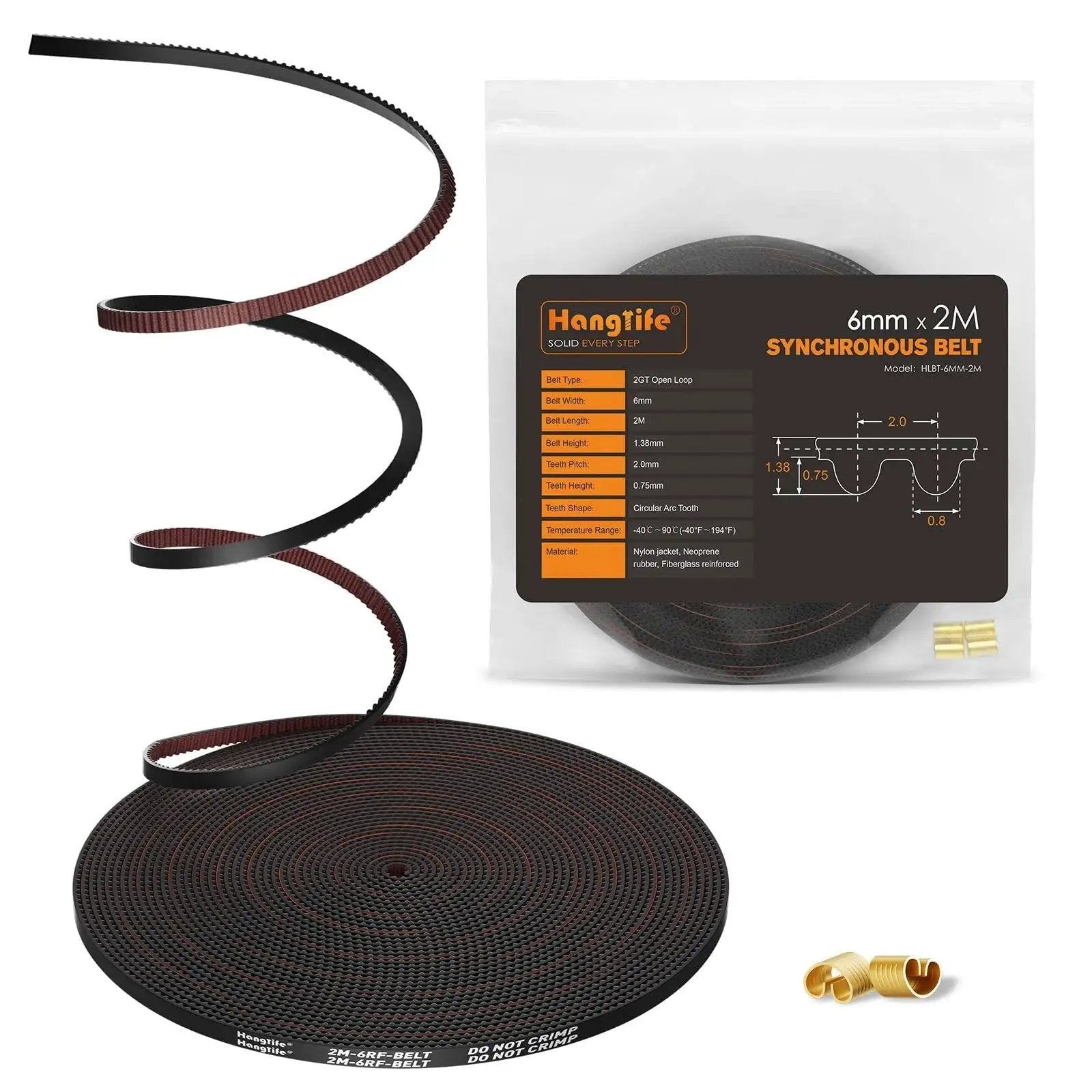 GT2 Timing Belt With Copper Buckle For 3D Printers Open Synchronous Belt 2mm Pitch, 6mm Wide By 2m Length displayed with packaging and buckles