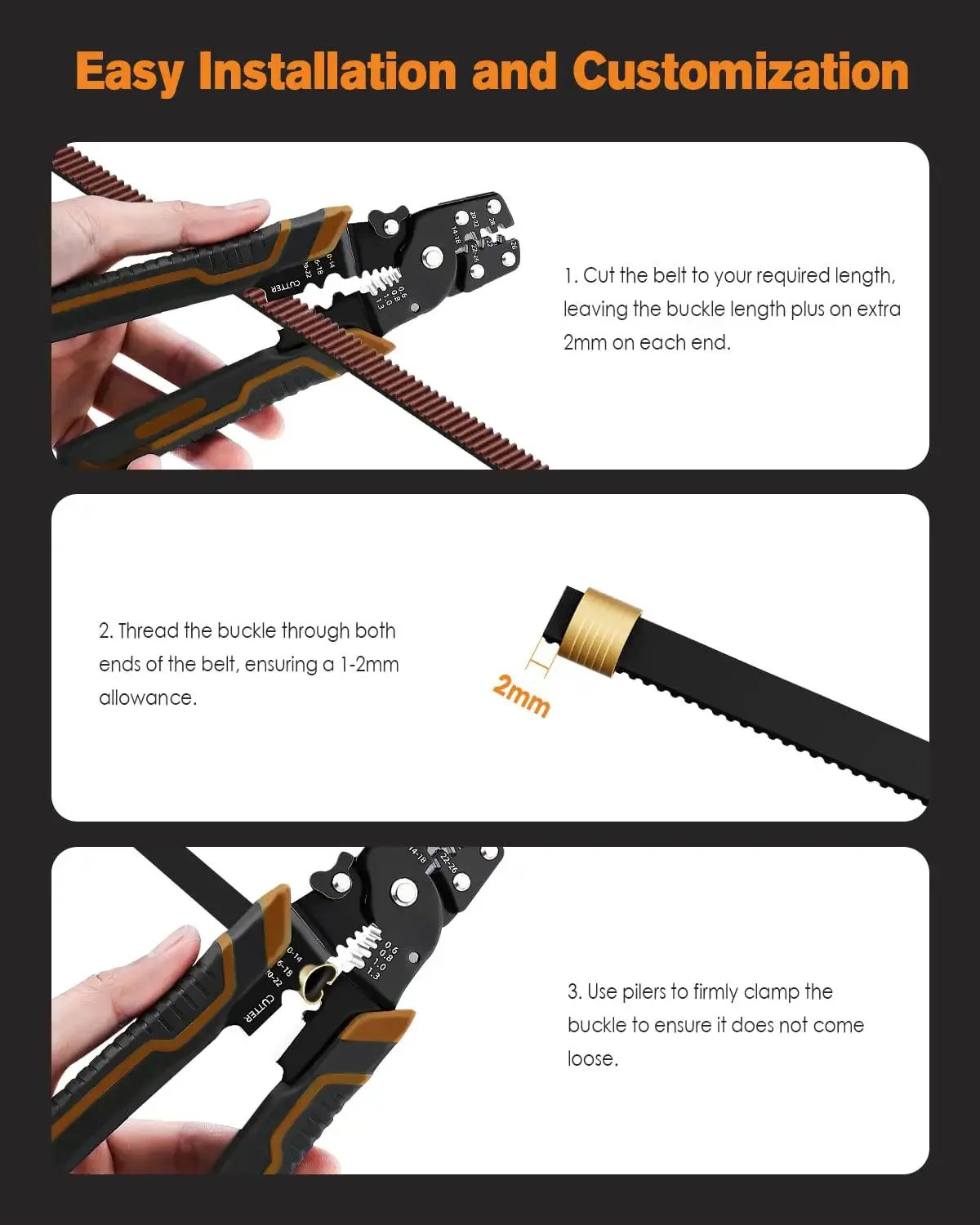 Instructions for installing GT2 Timing Belt With Copper Buckle For 3D Printers, showing cutting, threading, and clamping steps.