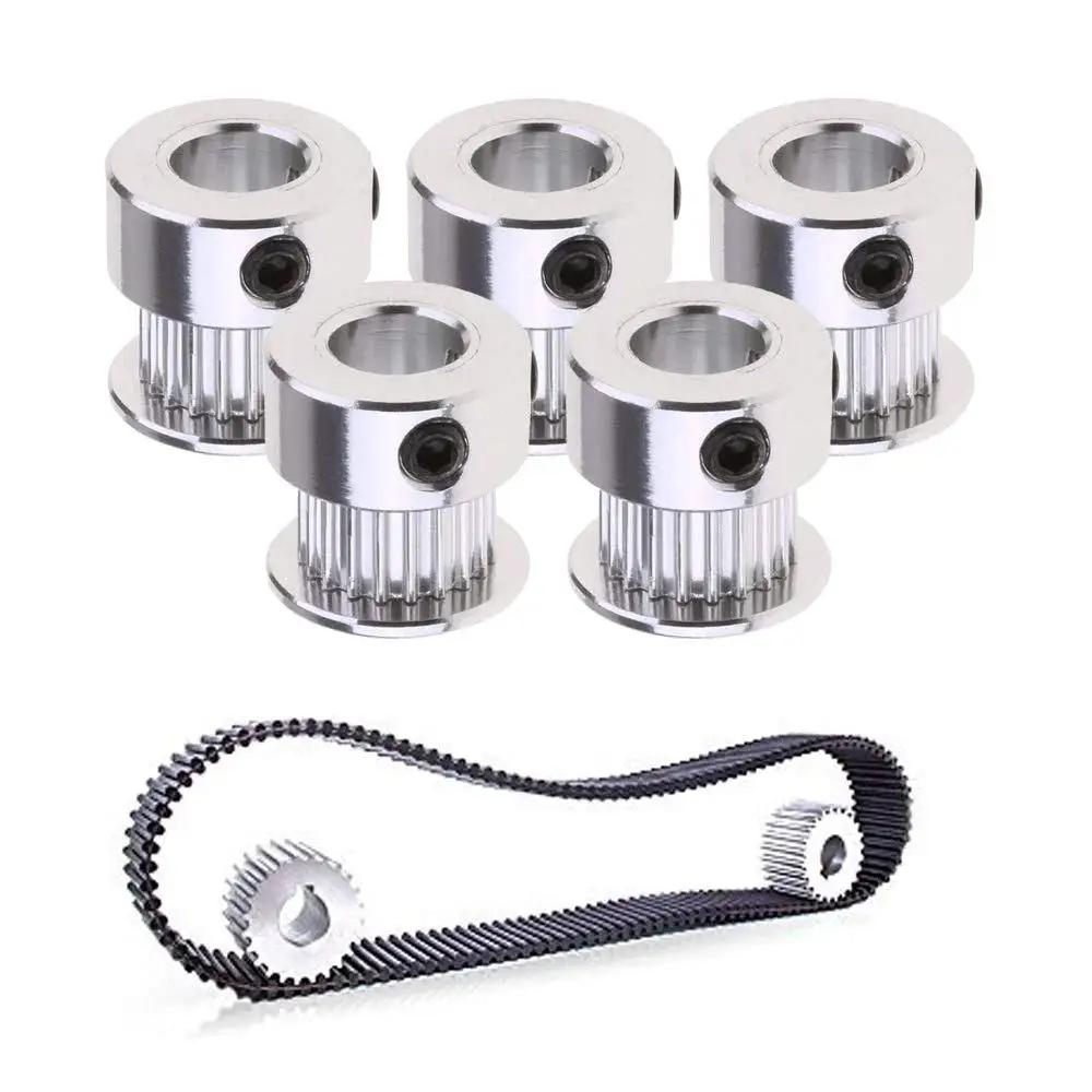 GT2 Timing Belt Pulley 20 Teeth 8mm Bore Aluminum Synchronous Wheel for 3D Printers, set of 5 with timing belt.