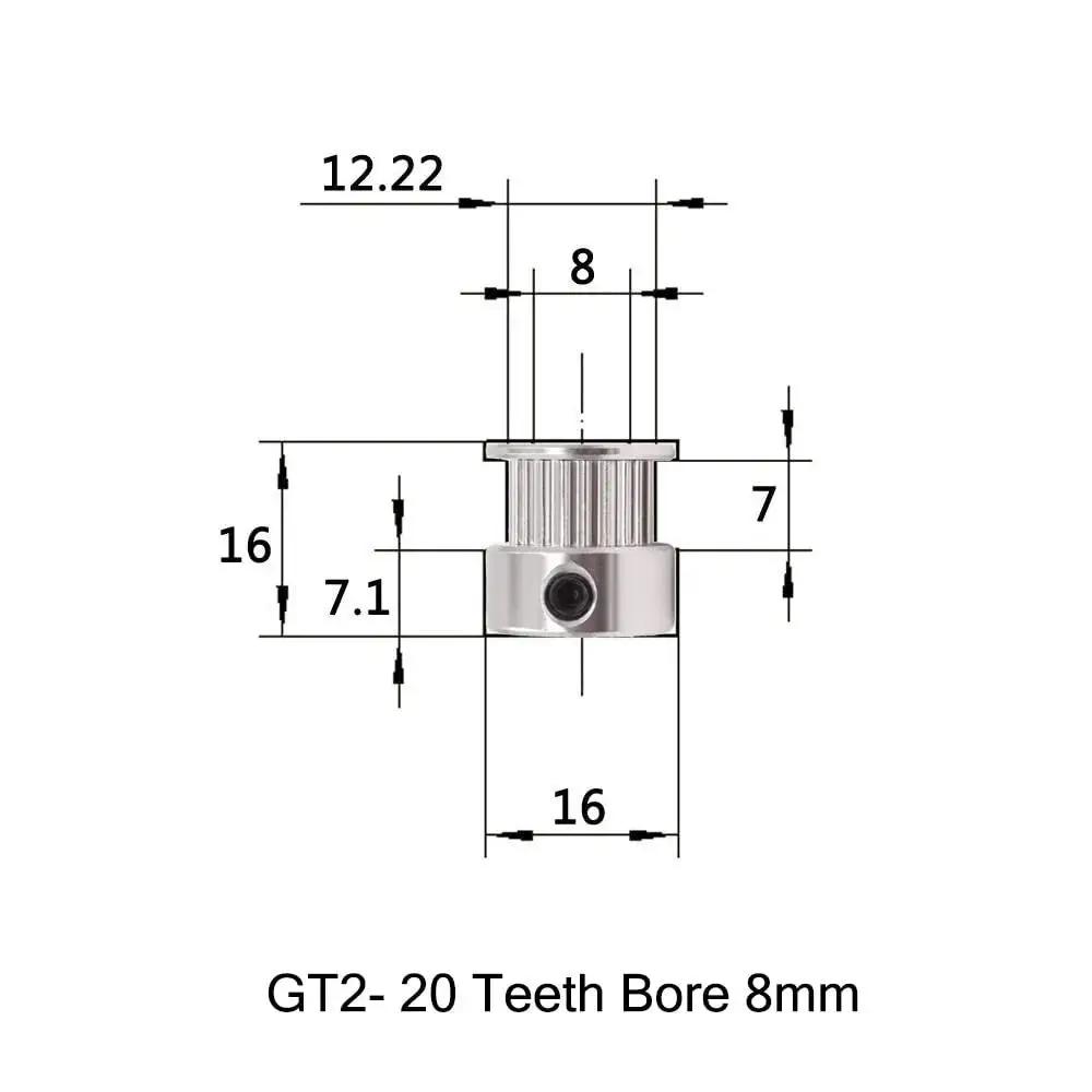 Technical diagram of GT2 Timing Belt Pulley 20 Teeth 8mm Bore Aluminum Synchronous Wheel for 3D Printers