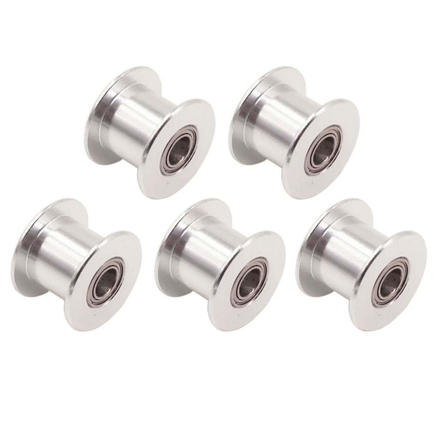 GT2 Idler Pulley Toothless 5mm Bore for 10mm Timing Belt 5 Pack shown with aluminum finish