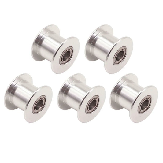 GT2 Idler Pulley Toothless 5mm Bore for 10mm Timing Belt 5 Pack shown with aluminum finish