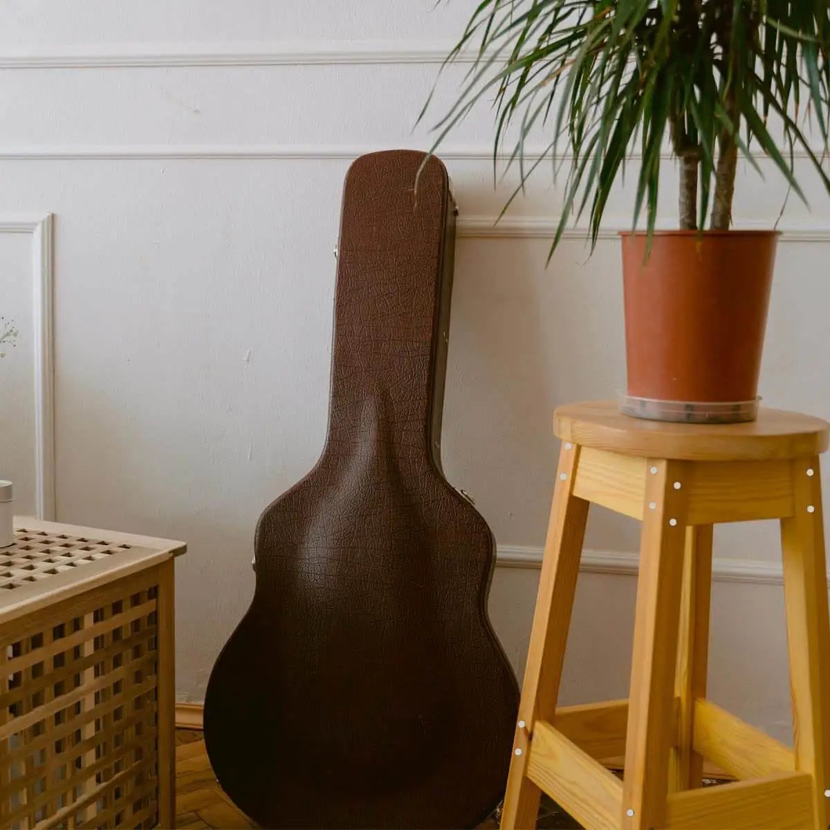 Guitar case leaning against white paneled wall next to a plant on a wooden stool