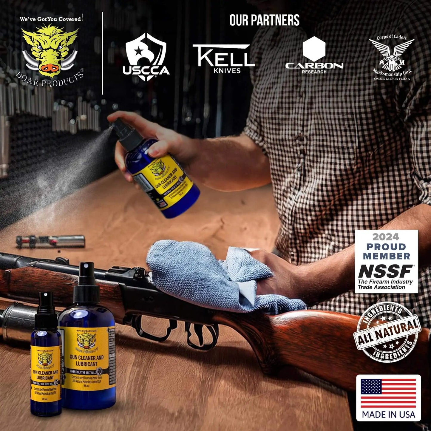 Man cleaning rifle with Premium Gun Cleaner And Lubricant CLP Spray For Metal Surfaces; bottles in foreground by Boar Products