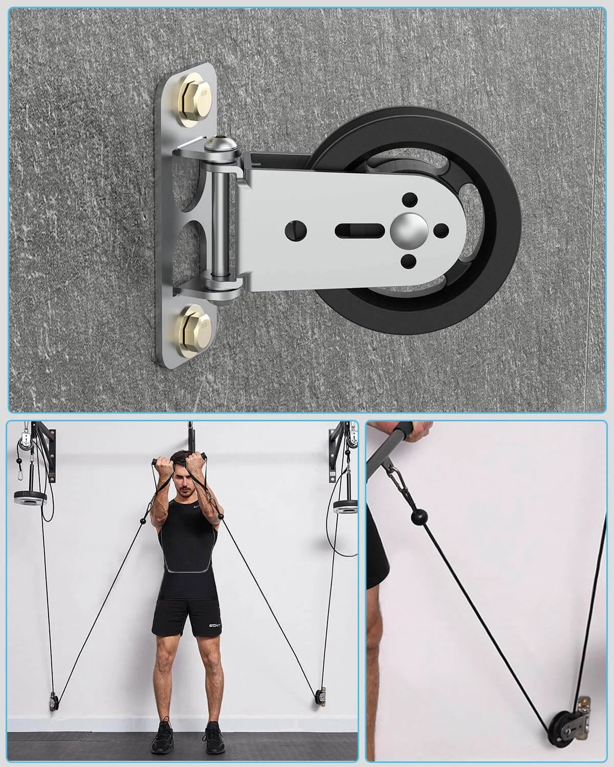 Gym Pulley Blocks, 3.5Inch/88mm Wall Mount Fixed Pulley Wheel, used in DIY fitness setup, showing installation and use.