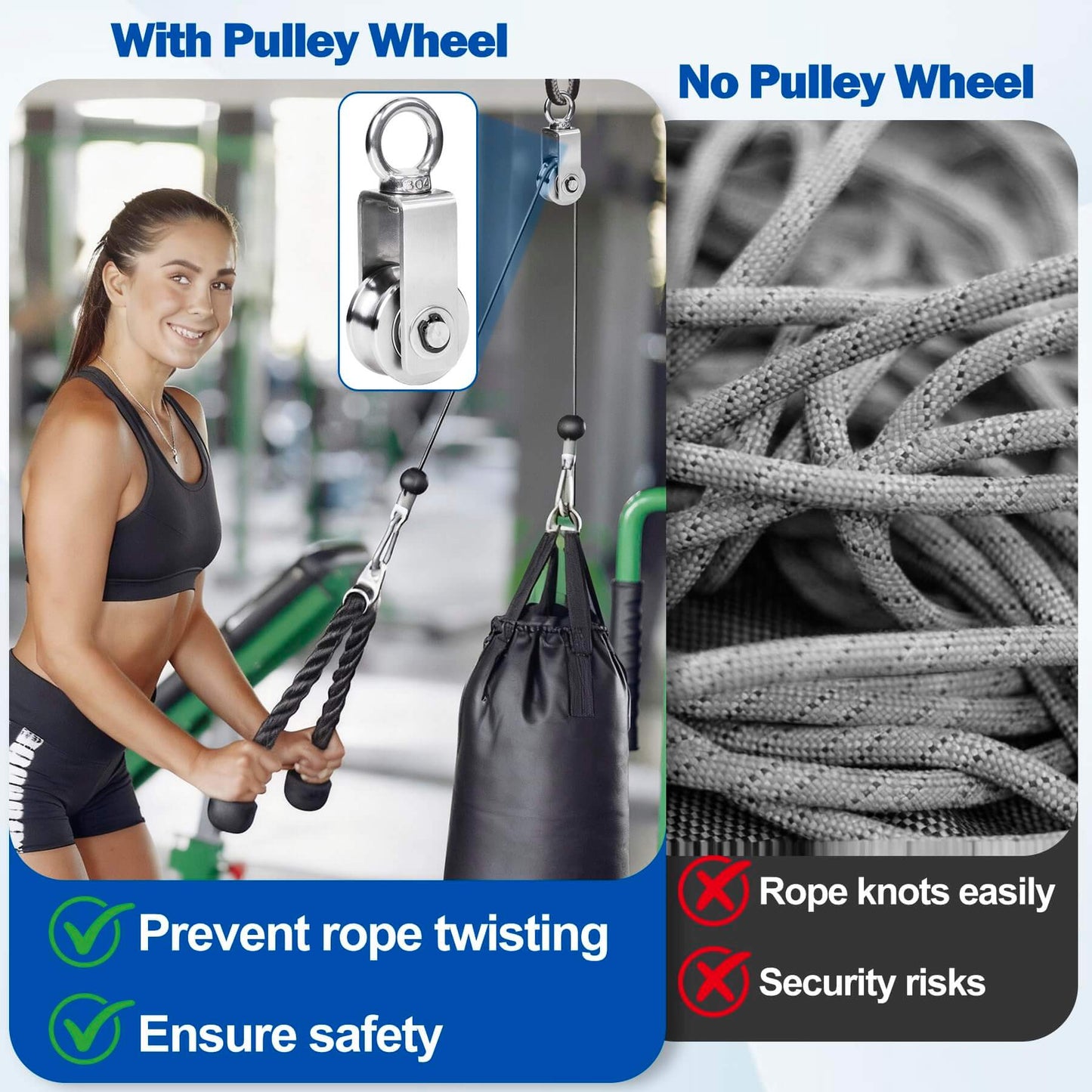 Gym setup showing woman using cable pulley wheel system with M34 single pulley snatch block to prevent rope twisting and ensure safety.
