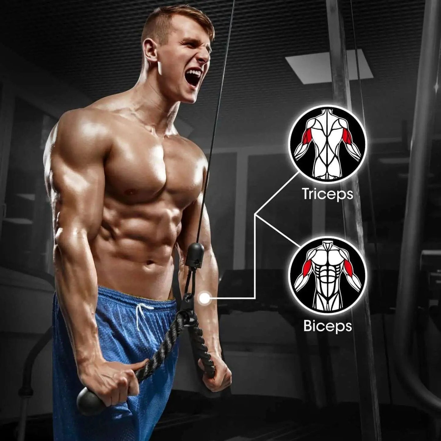 Man using tricep rope from Combo Cable Attachment Set For Home Gym Includes Tricep Rope 27 Inch Double D Handle With Rubber Grips Straight Bar And V Bar Multi Cable Machine Accessories For Lat Pulldown And Tricep Press Down