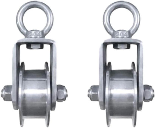 Two-pack H-groove stainless steel pulley wheels for sliding doors and rail systems, built from 304 stainless steel with dual bearings.