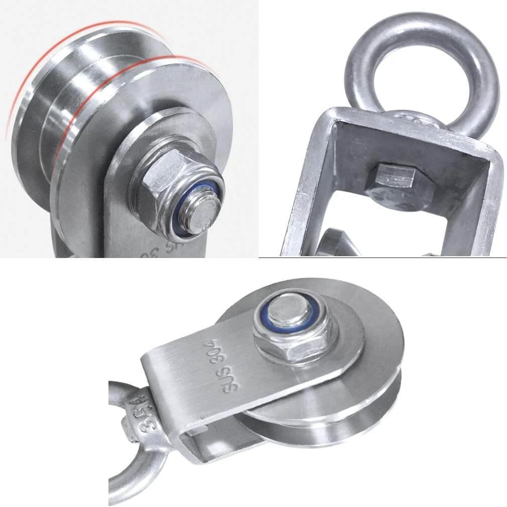 Two-pack H-groove stainless steel pulley wheels for sliding doors and rail systems, 16 mm groove, close-up on dual bearings.