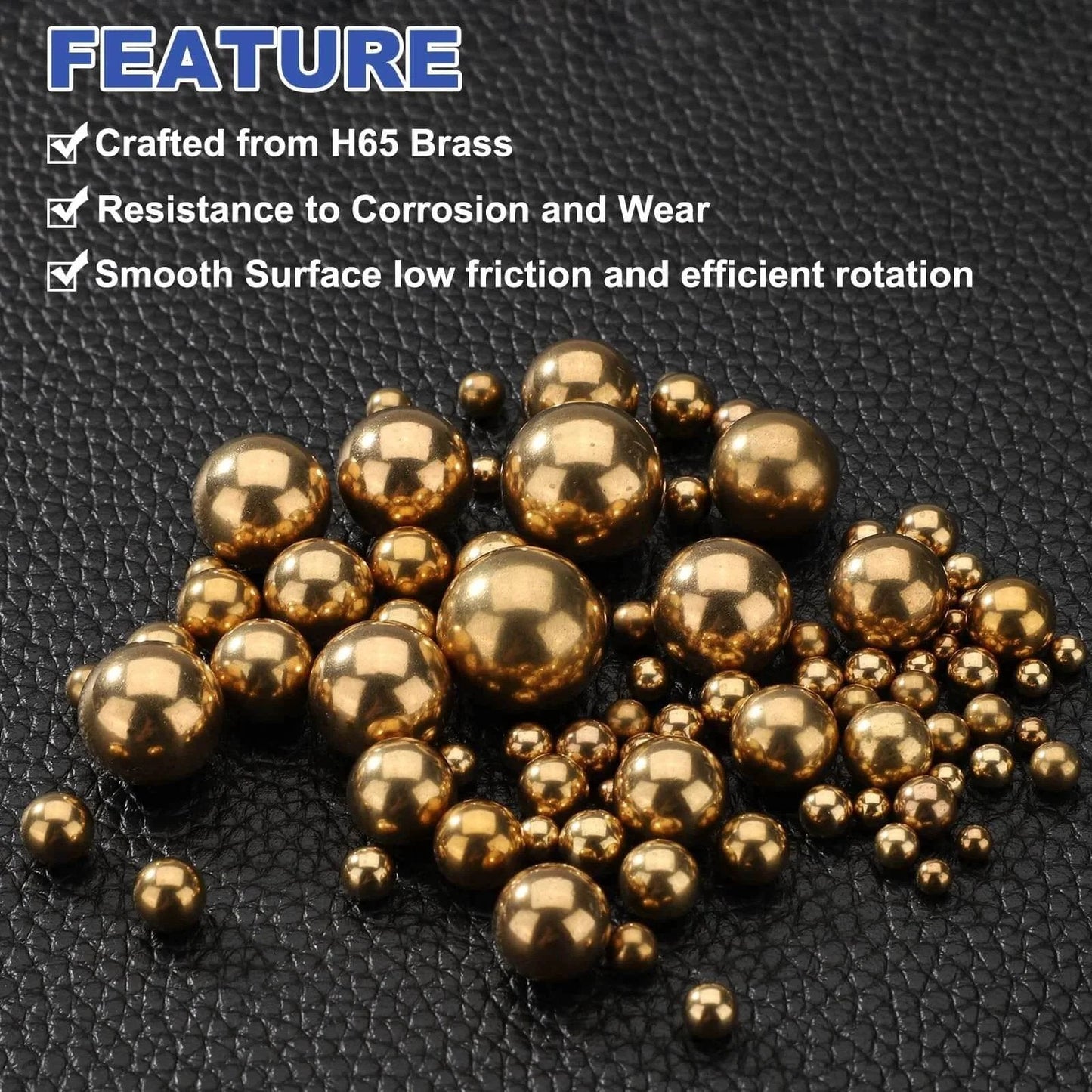 100-Pac Bearing Balls, 6mm Precision H65 Brass Bearing Balls displayed on textured surface for machinery, automotive, and DIY use.