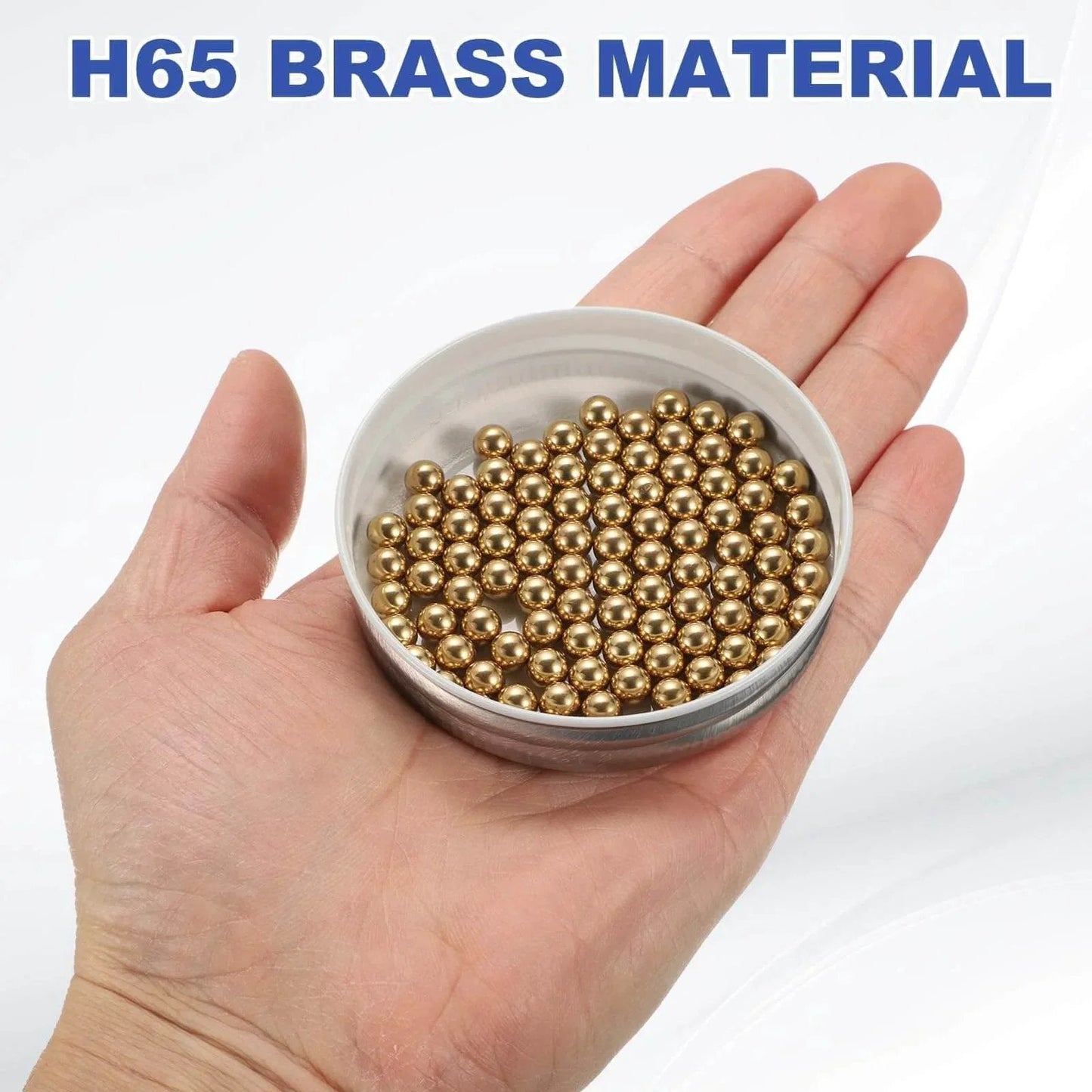100-Pac Bearing Balls, 6mm Precision H65 Brass Bearing Balls in a hand for Machinery, Automotive, and DIY