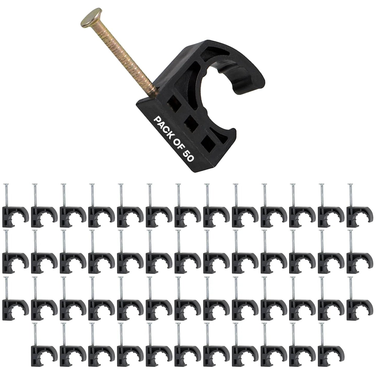 Half Clamp With Nail For Pex Tubing Support One Half Inch Black Durable Plastic Clip with attached nail and multiple clips arranged.
