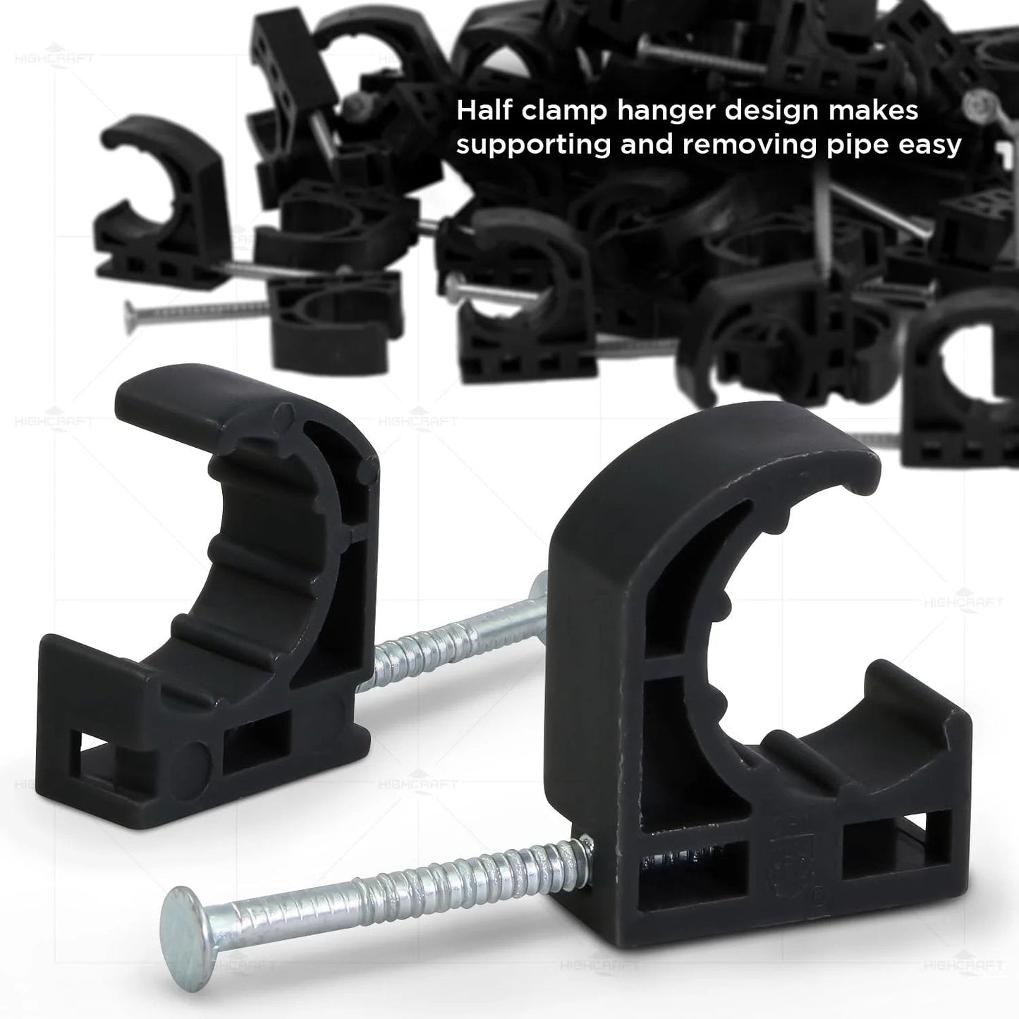 Half Clamp With Nail For Pex Tubing Support One Half Inch Black Durable Plastic Clip with nails, showing design and installation features.