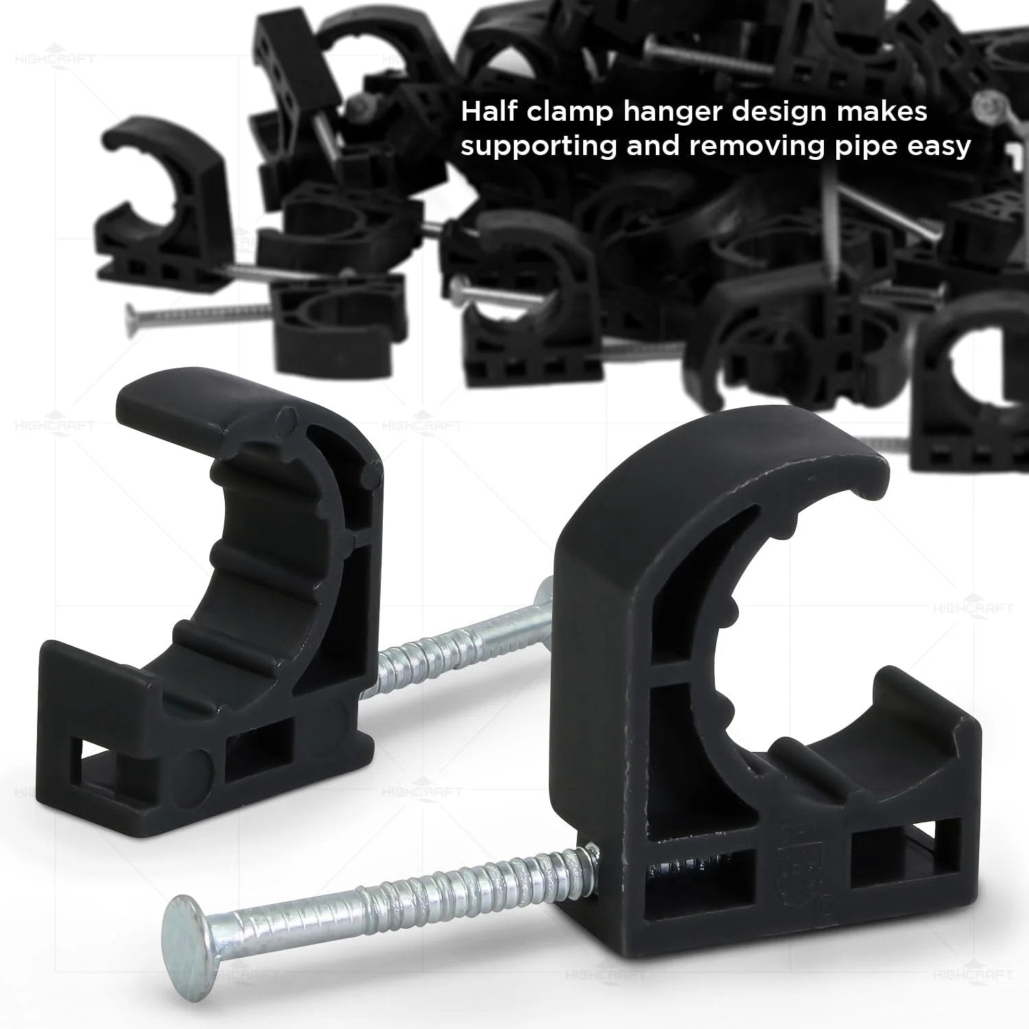 Half Clamp With Nail For Pex Tubing Support One Half Inch Black Durable Plastic Clip with nails, showing design and installation features.