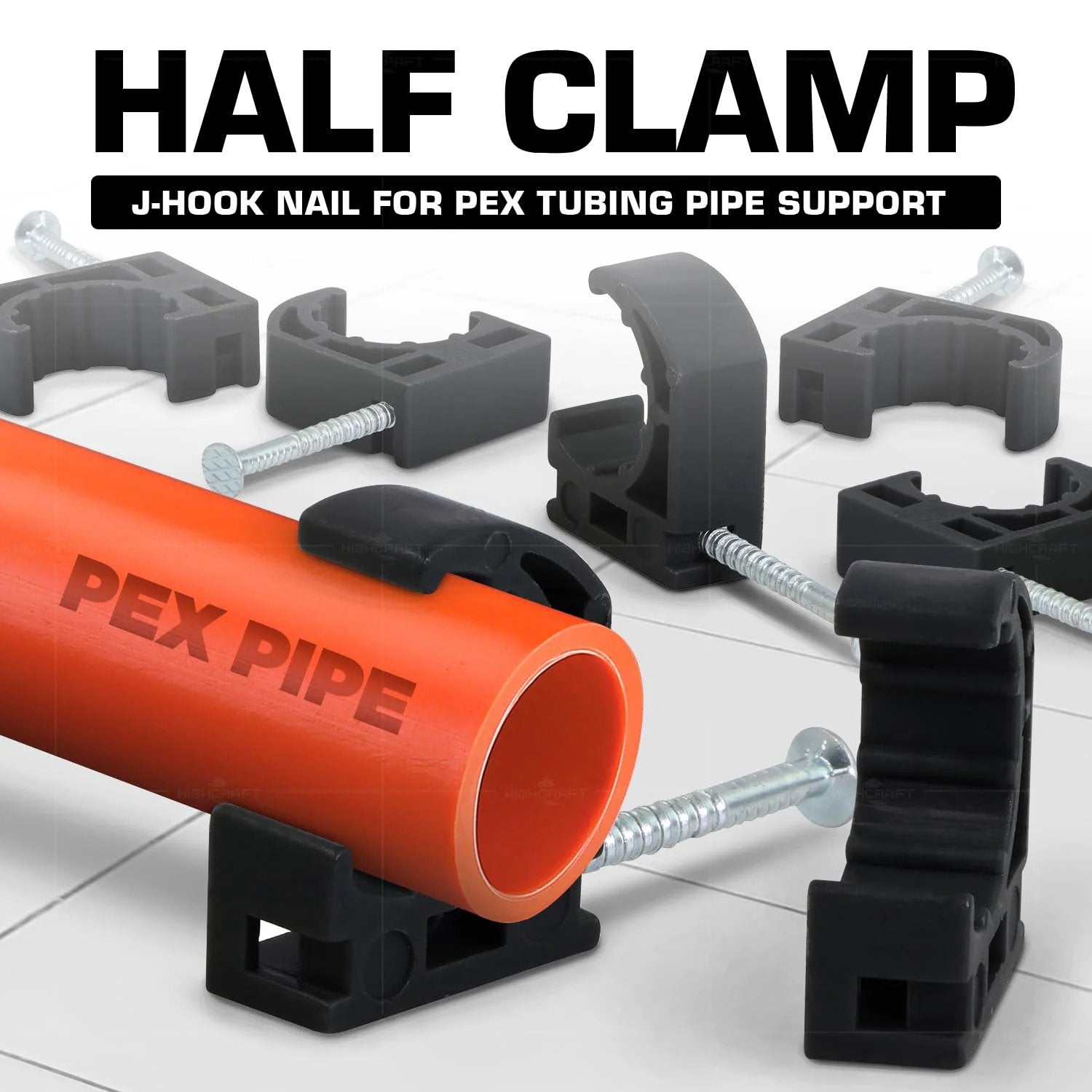 Half Clamp With Nail For Pex Tubing Support One Half Inch Black Durable Plastic Clip securing orange PEX pipe with J-hook nails.