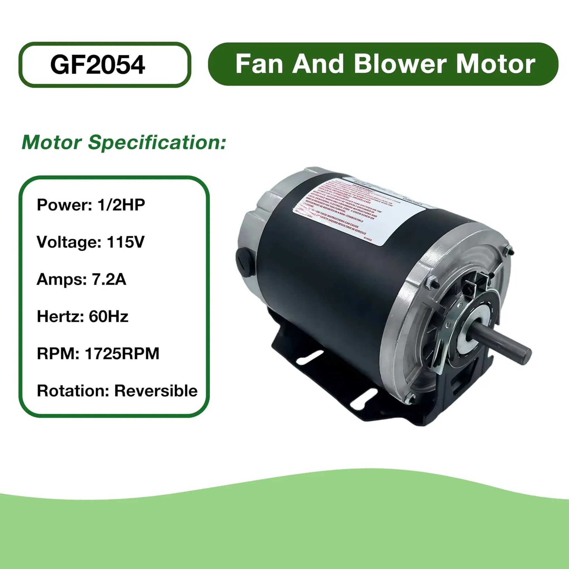 Half Horsepower Blower Motor For 115V HVAC Systems Belt Drive 1725 RPM 60 Hz 48 Frame 7.2A Reversible Rotation Replacement