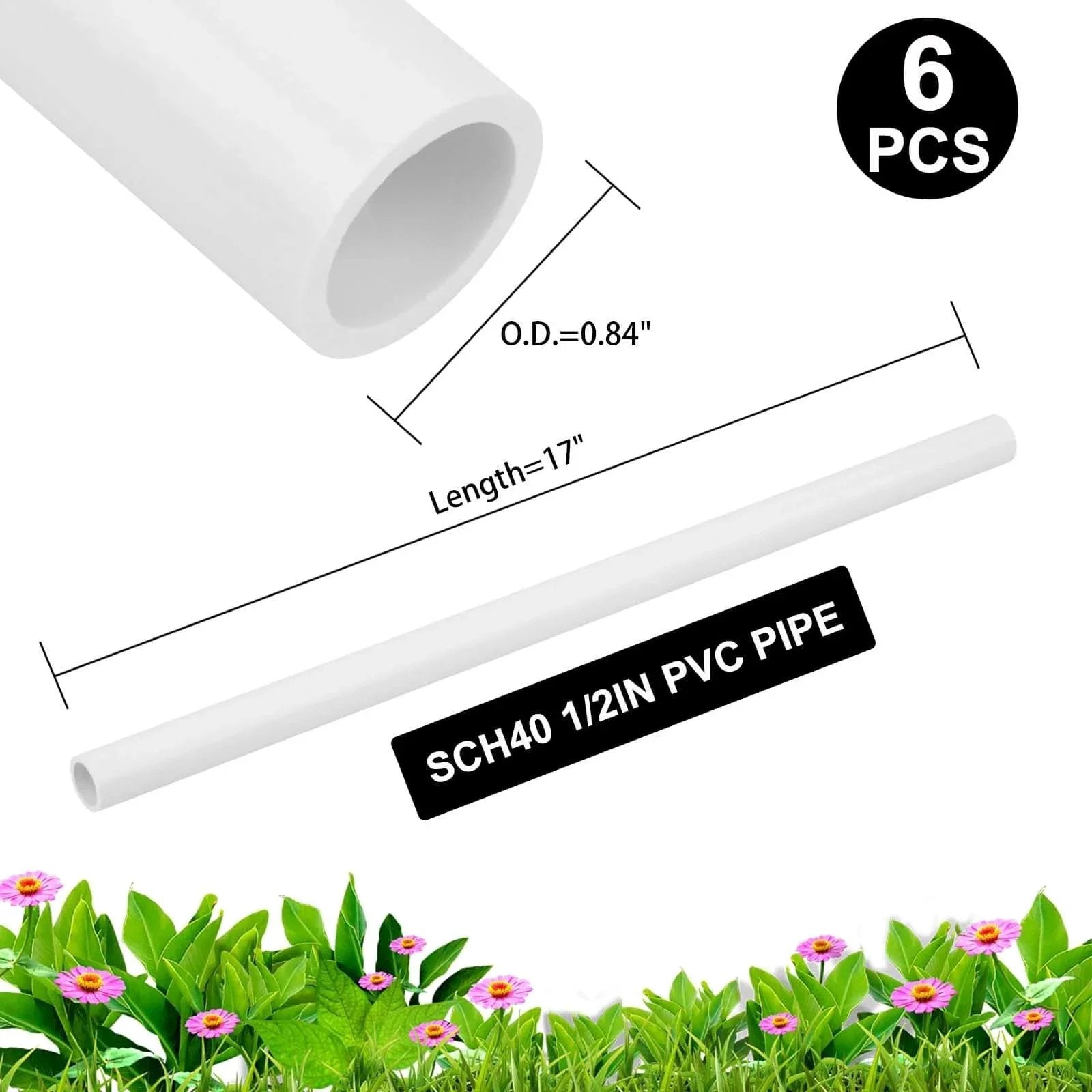 Six Piece Set Of Half Inch Schedule 40 PVC Pipe 17 Inch Length White For Indoor Outdoor DIY Projects with measurements shown