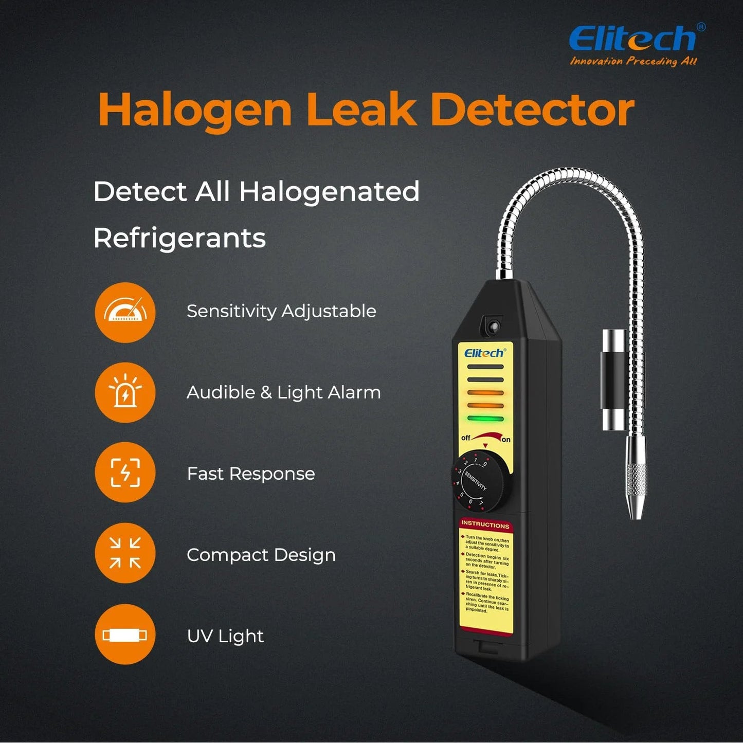 All Halogen Refrigerant Leak Detector For R22 R134A R410A 1234YF With Seven Pro Grade Adjustable Sensitivity Levels HVAC Tester Sniffer Freon Gas Leaks For Fast Accurate Diagnostics In HVAC Systems WJL 6000S Elitech, compact handheld design with flexible probe.