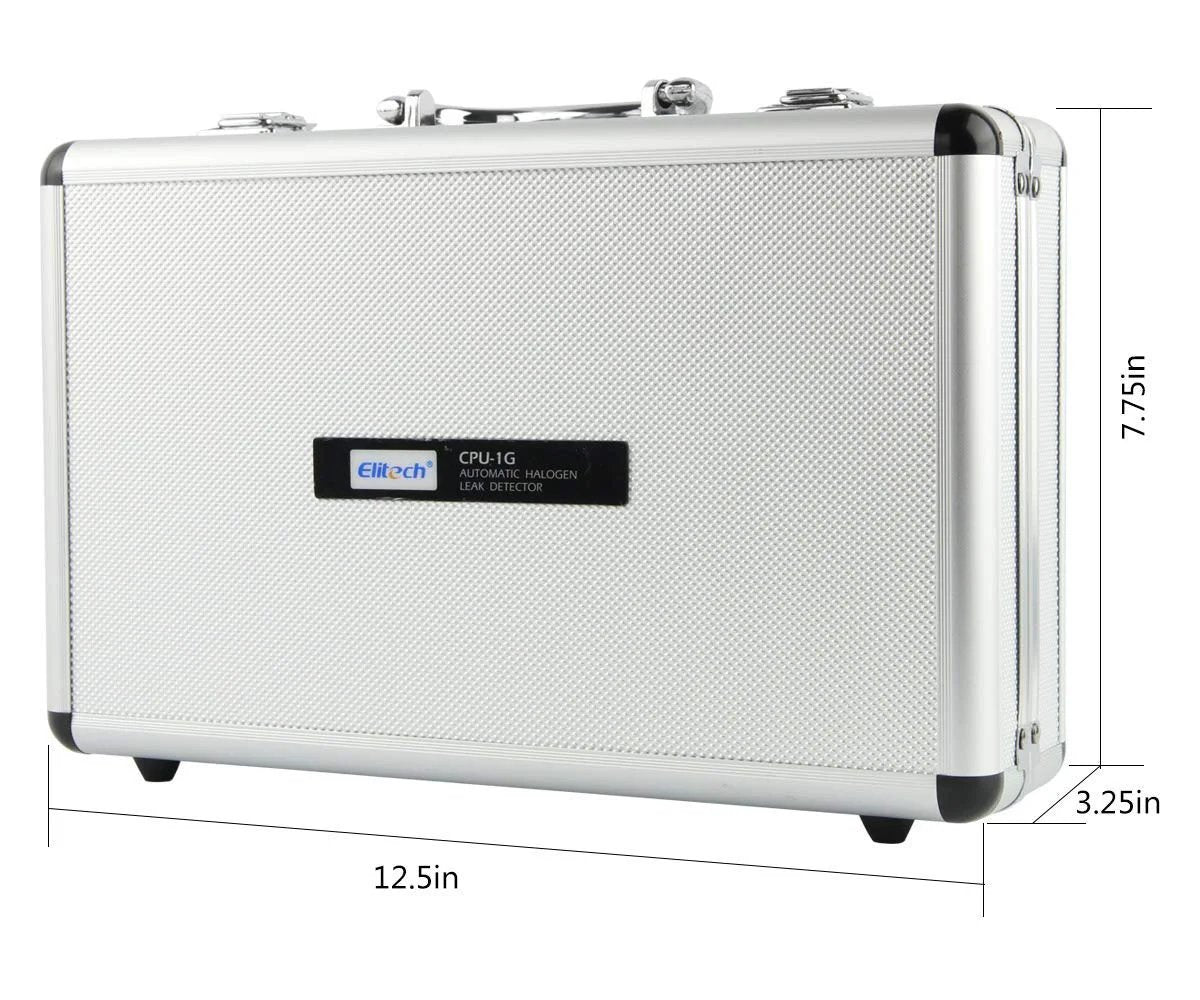 HVAC Leak Detector CPU-1G Halogen Gas Sniffer For R22 R134A R410A And All Halogen Refrigerants With 3 Second Response And 6 Second Warm Up 7 Sensitivity Levels Low Energy CPU Upgrade Stable Triggers Fast Diagnostics For Pros in a silver carrying case, dimensions 12.5in x 7.75in x 3.25in.