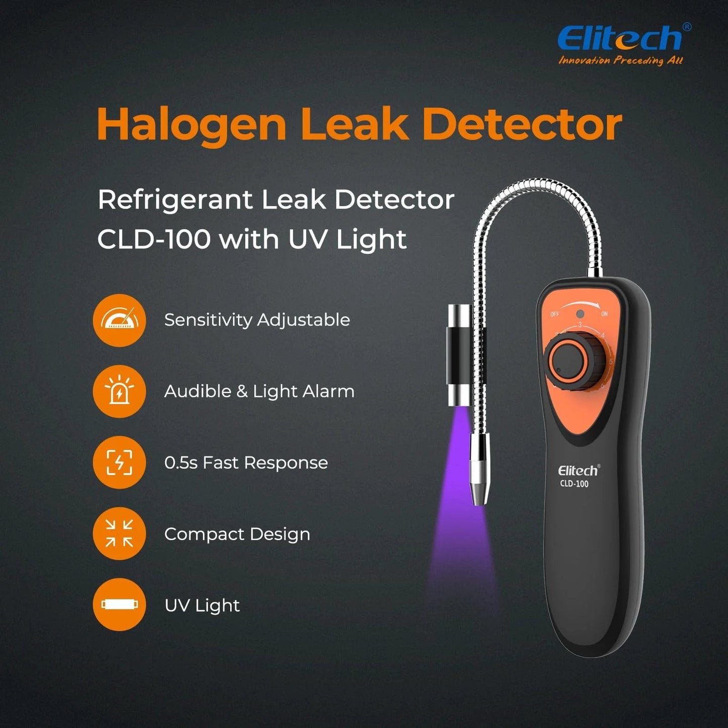 Pro Grade Freon Leak Detector For Car And HVAC Systems With Six Second Preheat And Fast Response Detects R11 R22 R134A R404A R410A And All Halogen Refrigerants CFC HCFC HFC Elitech CLD 100 compact design with UV light and adjustable sensitivity.