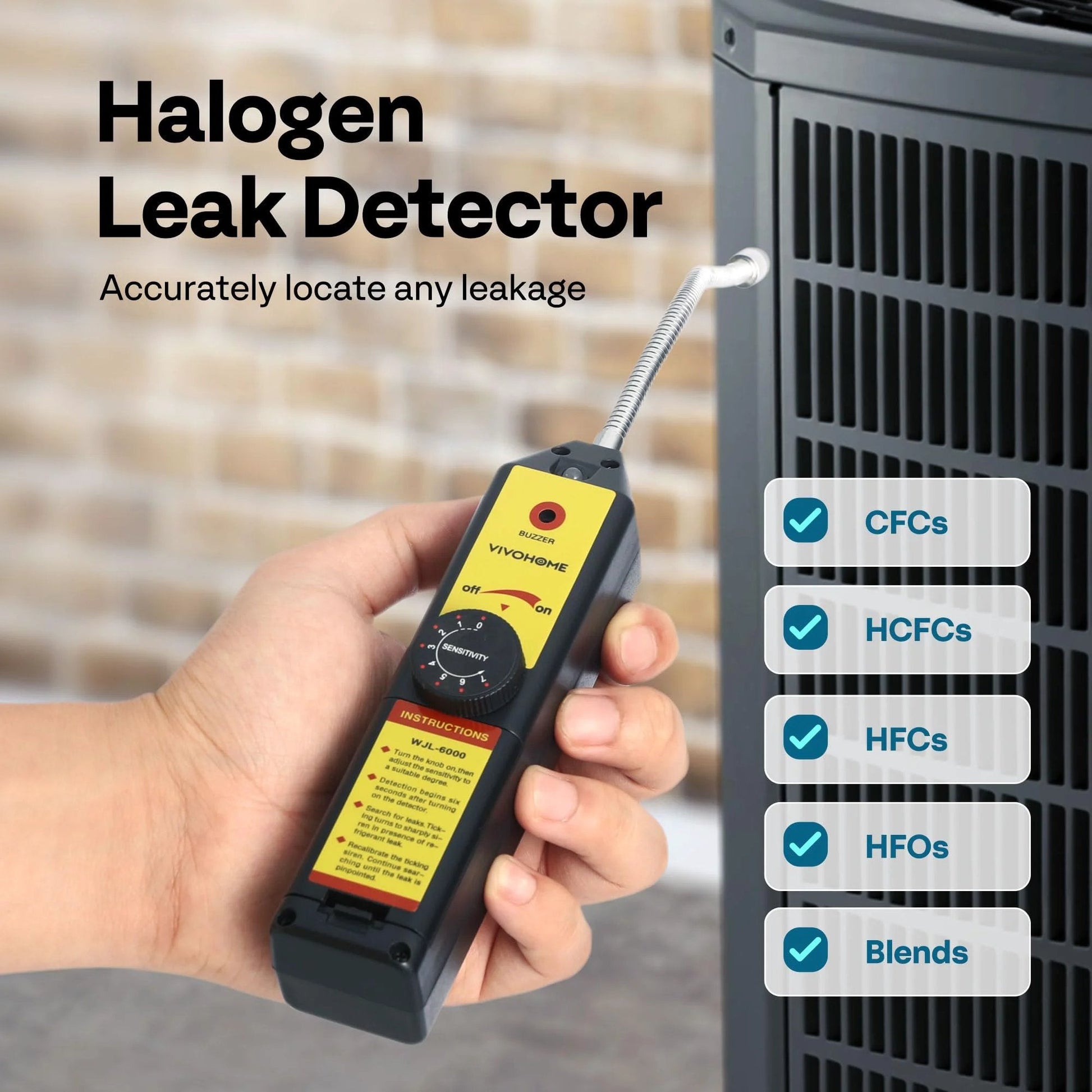 Freon Leak Detector For HVAC Systems With LED Light And 7 Adjustable Sensitivity Levels Detects R134a R410a R1234yf CFCs HCFCs HFCs HFOs Sniffer Tool For Auto AC And Home HVAC Leaks Easy To Use With High Accuracy VIVOHOME held in hand near HVAC unit.