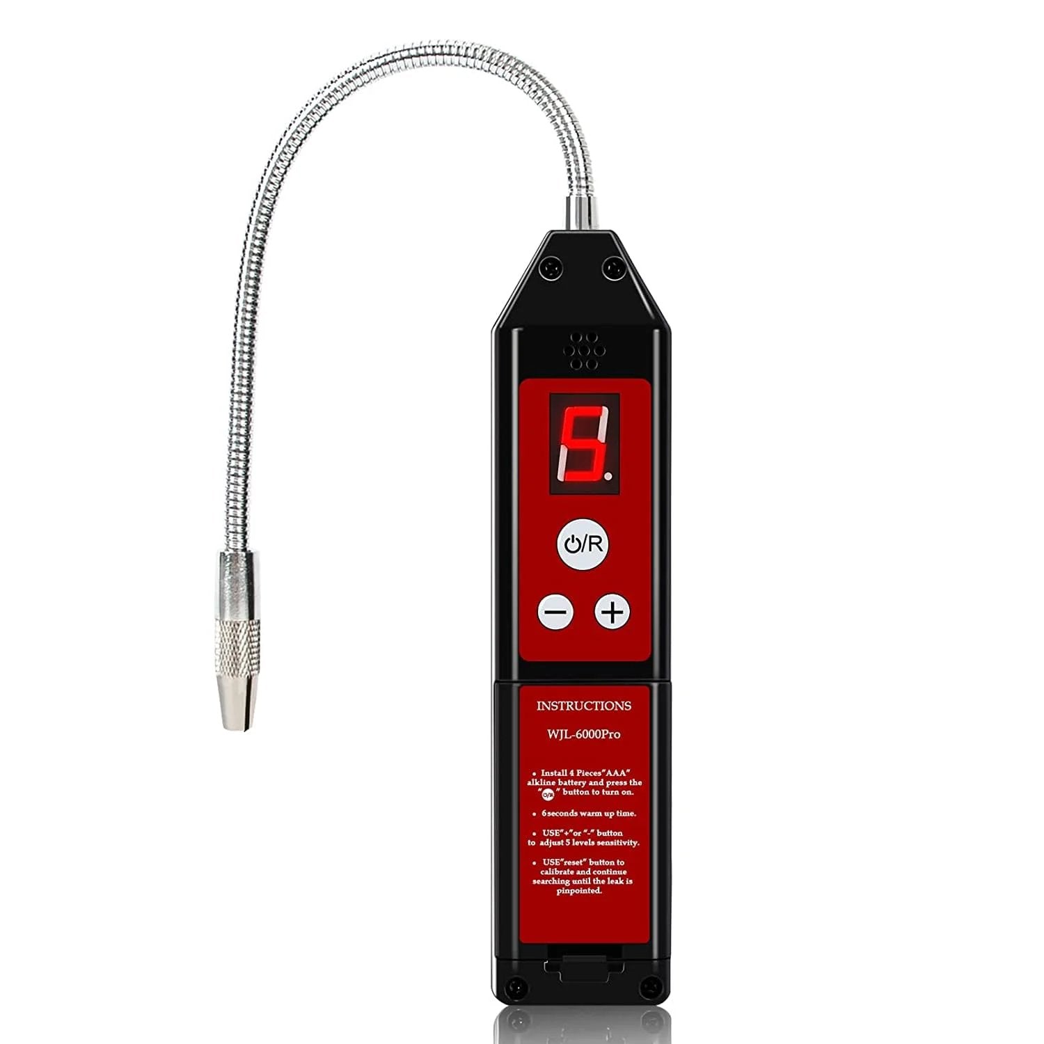 Upgraded Halogen Refrigerant Leak Detector With LCD Display And Auto Alarm For HVAC, Wale Morn WJL-6000PRO, showing front view with flexible probe.