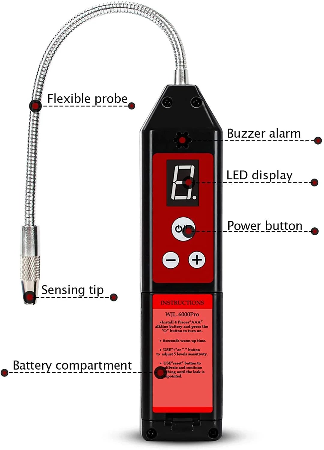 Upgraded Halogen Refrigerant Leak Detector With LCD Display And Auto Alarm For HVAC, Wale Morn WJL-6000PRO front view with flexible probe and LED display.