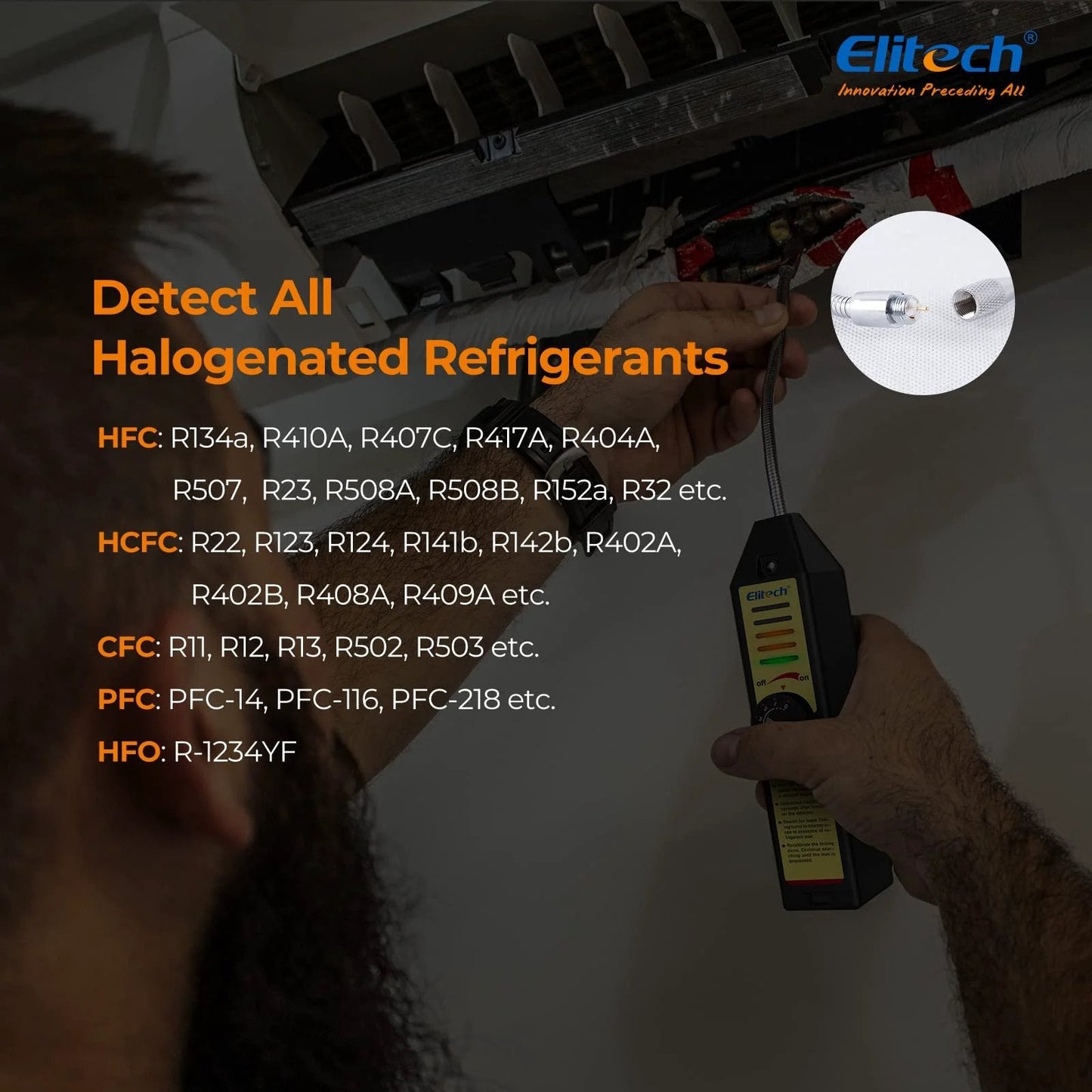 Close-up of All Halogen Refrigerant Leak Detector For R22 R134A R410A 1234YF With Seven Pro Grade Adjustable Sensitivity Levels HVAC Tester Sniffer showing detection of halogenated refrigerants.
