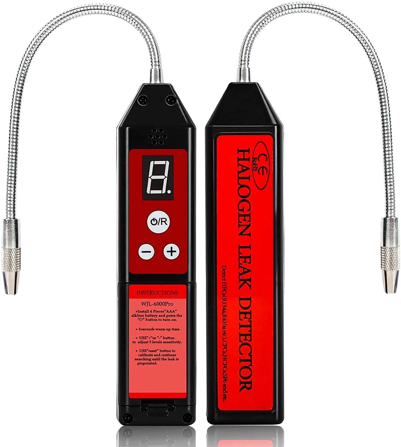 Upgraded Halogen Refrigerant Leak Detector With LCD Display And Auto Alarm For HVAC, Wale Morn WJL-6000PRO, showing LCD and flexible probe.