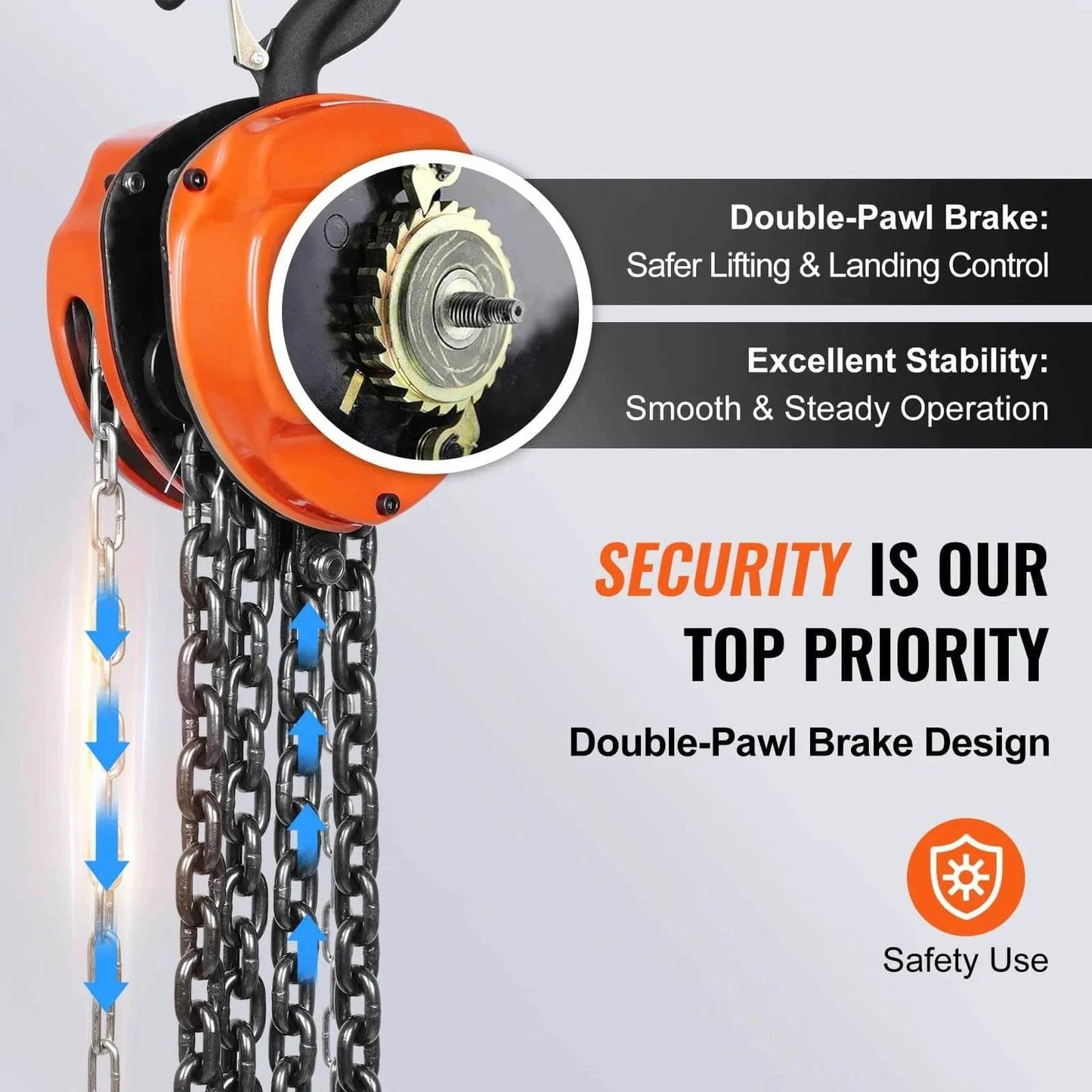 Image of 2 Ton Hand Chain Hoist 4400 Lbs Capacity 10 Ft Lift showing G80 galvanized chain and dual-pawl brake mechanism.