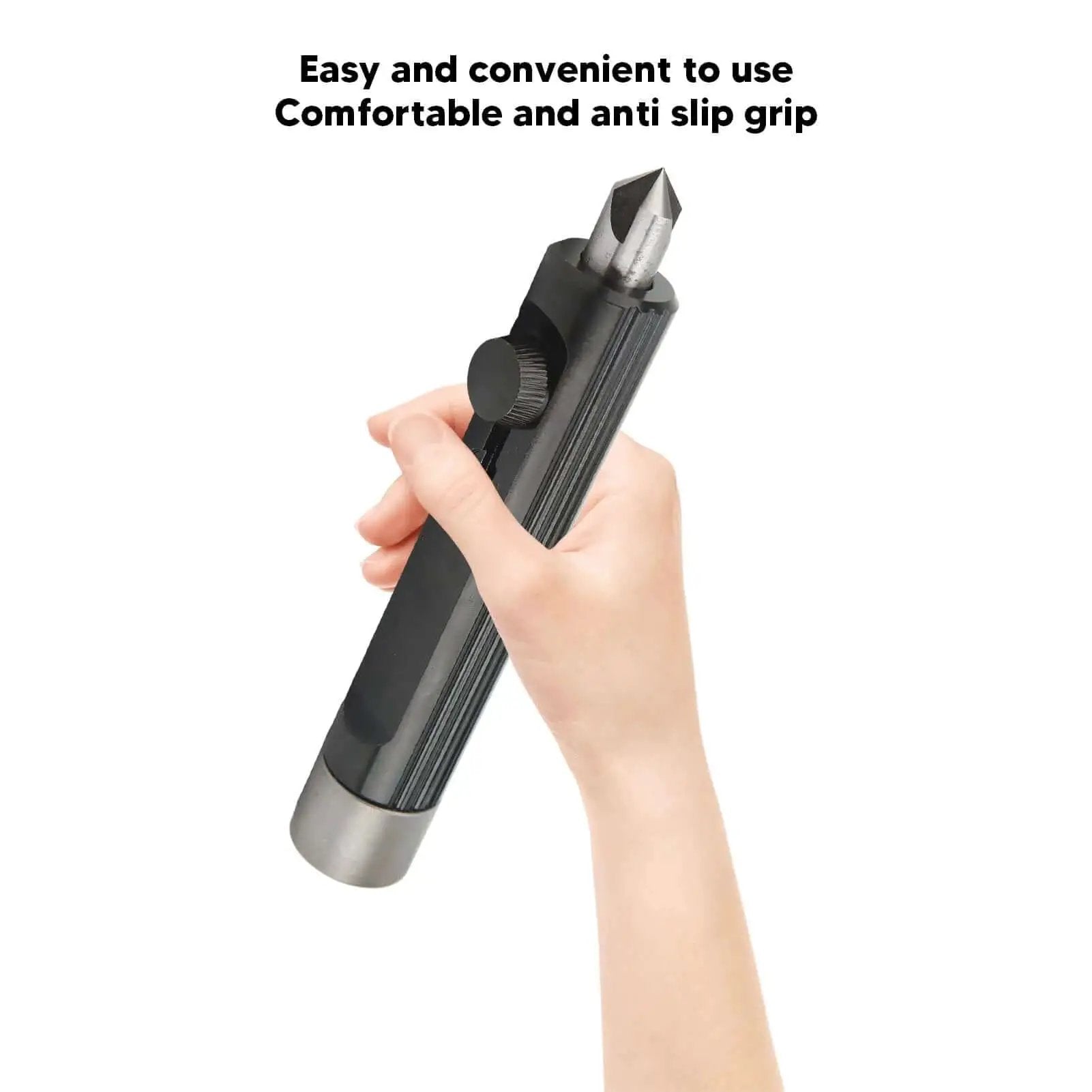 Person holding Tubing Deburring And Flaring Tool For Brake Lines Three Sixteenth To One Half Inch Hand Reamer for metal tubing.