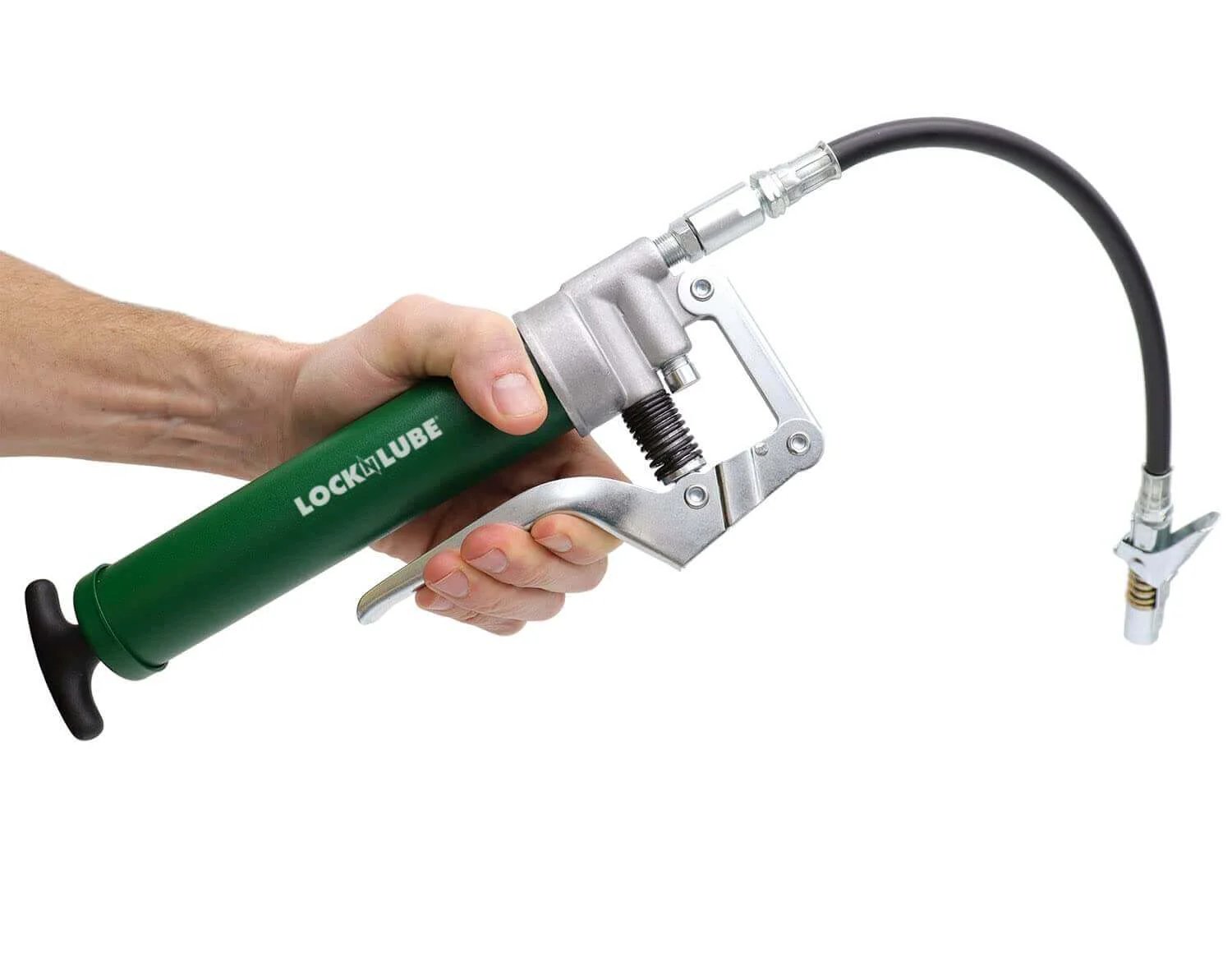 Person holding a Mini Grease Gun Kit with patented grease coupler, 12-inch hose, and in-line hose swivel. Brand name visible on handle.