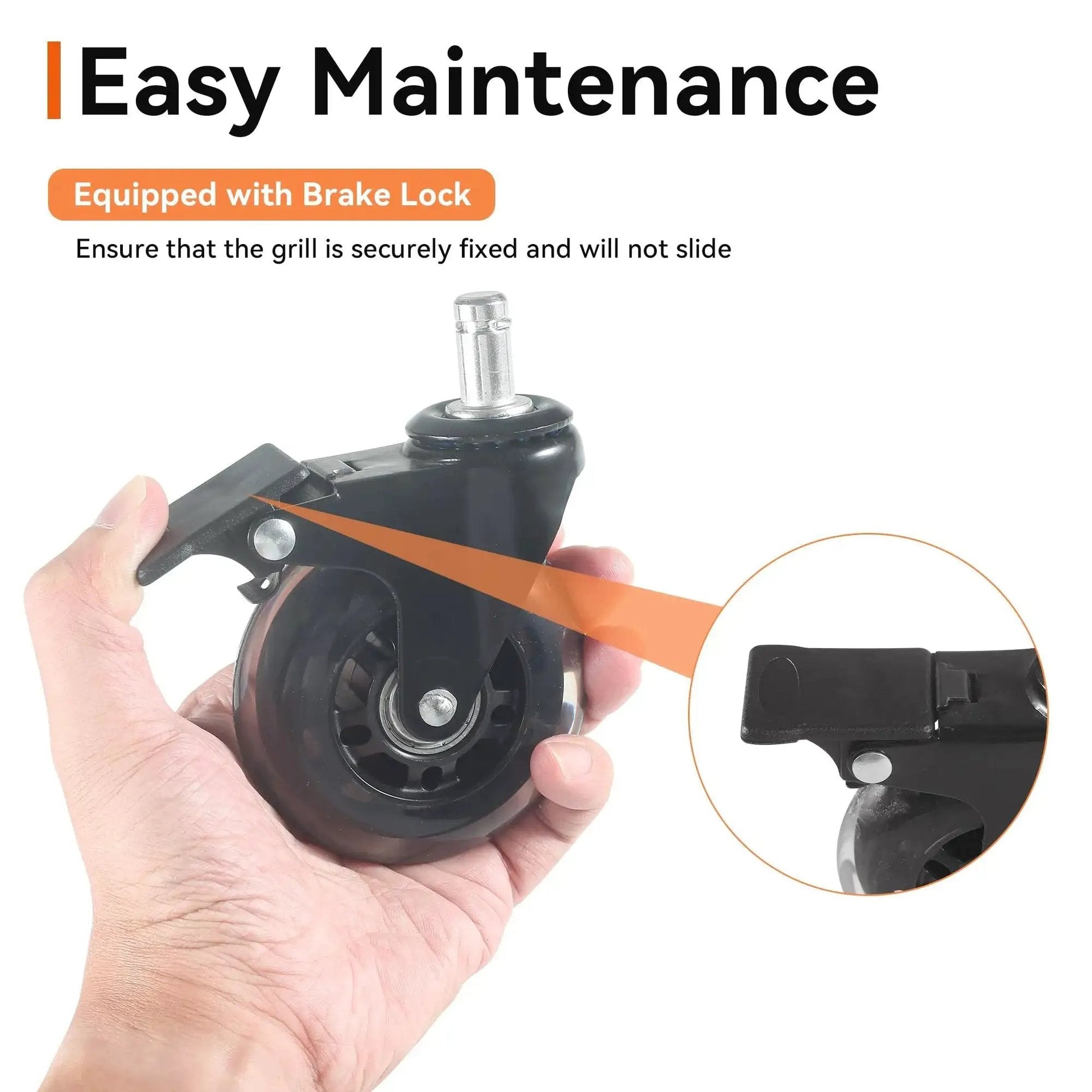 Hand holding 3-inch rubber swivel caster wheel with brake, close-up view, for grill replacement, ideal for outdoor use.