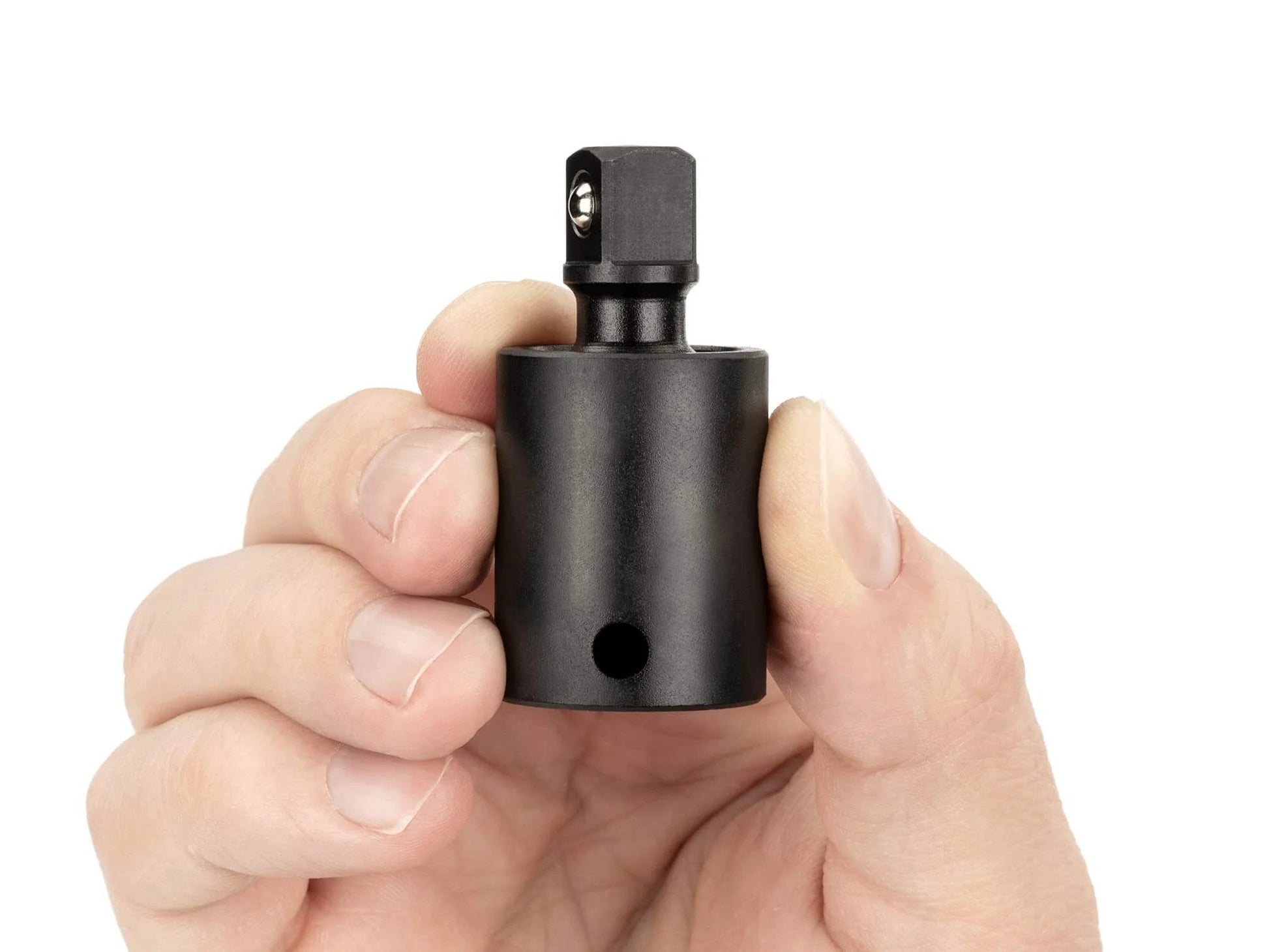 Hand holding 3/8 Inch Drive Impact Universal Joint | SIA12102, featuring pinless design and Ni-Cr-Mo steel finish for tight spaces.