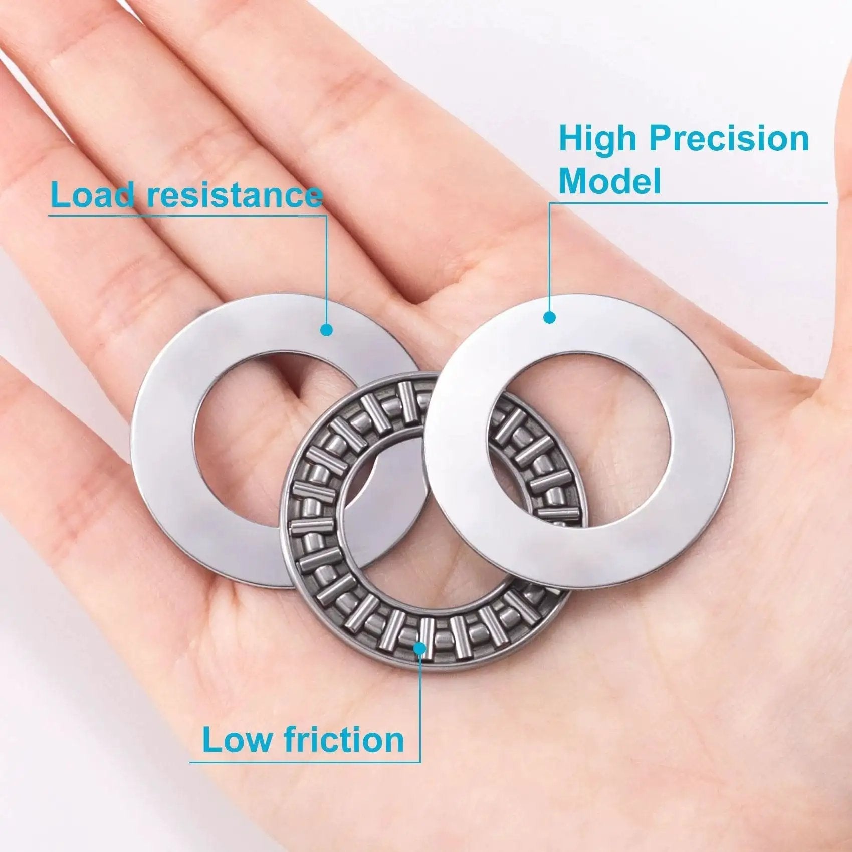 Six Set AXK2035 Needle Roller Bearings With Two AS Washers For Mower, Lawn Tractor, And Automotive Use, 35mm, 20mm, 4mm displayed in hand