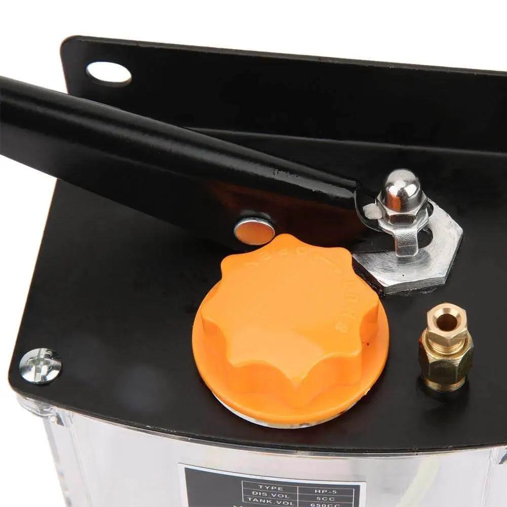 Close-up of Hand Lubrication Pump 650cc Left Hand Operated Manual Grease Lubricator Pump with orange cap for CNC machines.