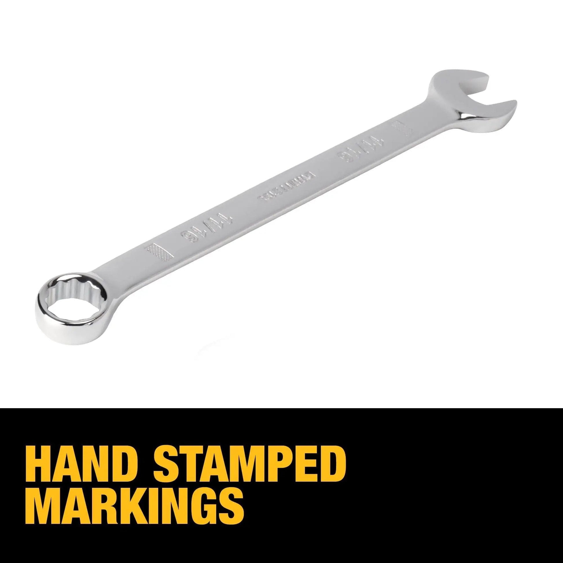 Close-up of a wrench from the Pro Grade 192 Piece Mechanics Tool Set With One Quarter Inch, Three Eighths Inch, And One Half Inch Drive Sockets by DEWALT.