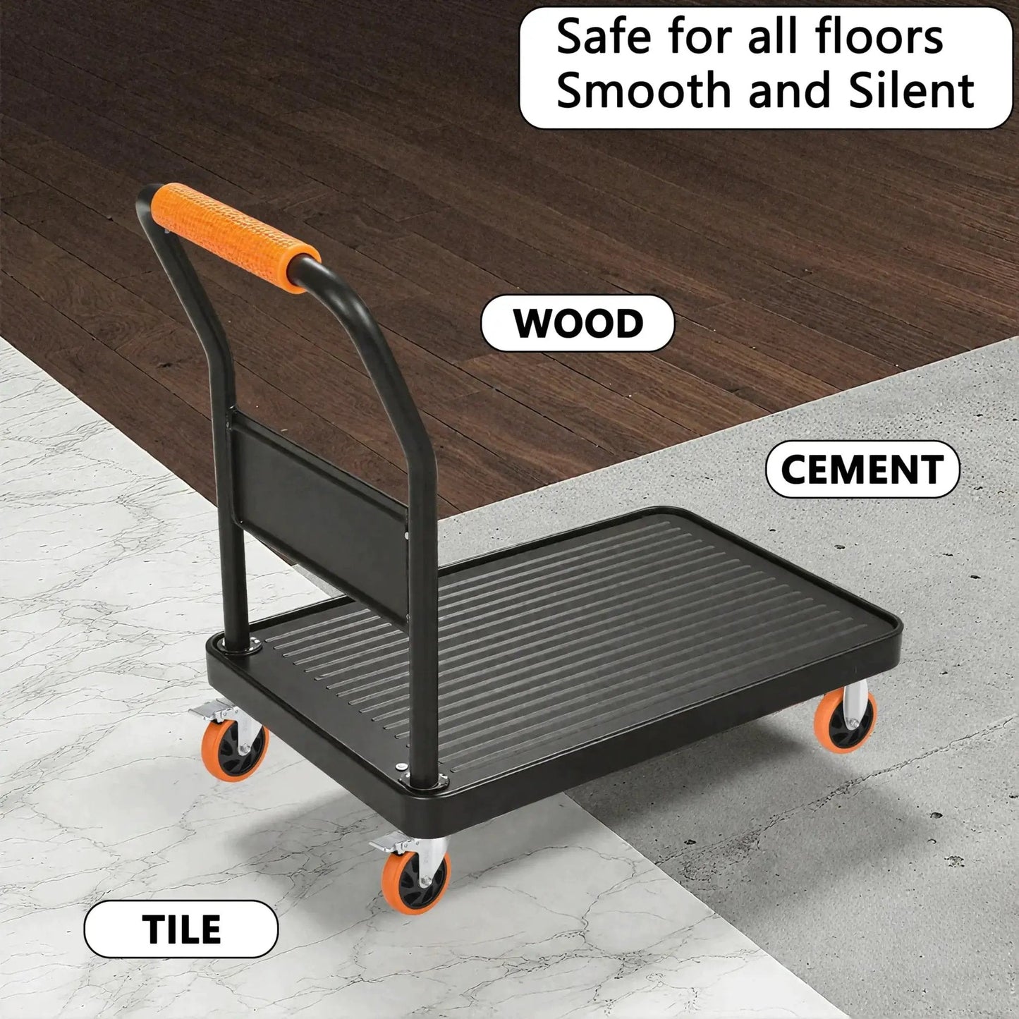 Platform cart with orange handle and caster wheels, shown on wood, cement, and tile surfaces