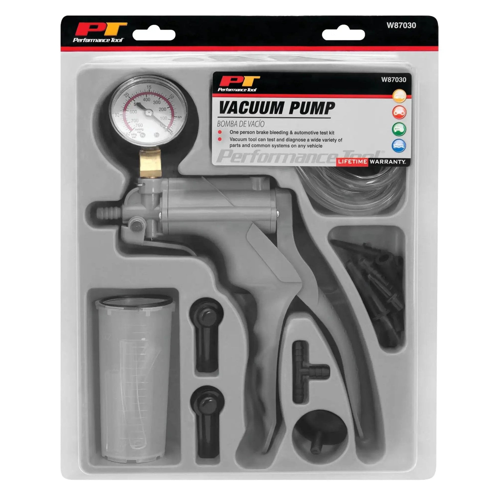 One Man Hand Vacuum Pump Kit For Brake Bleeding And Automotive Tests By Performance Tool in packaging displaying components.