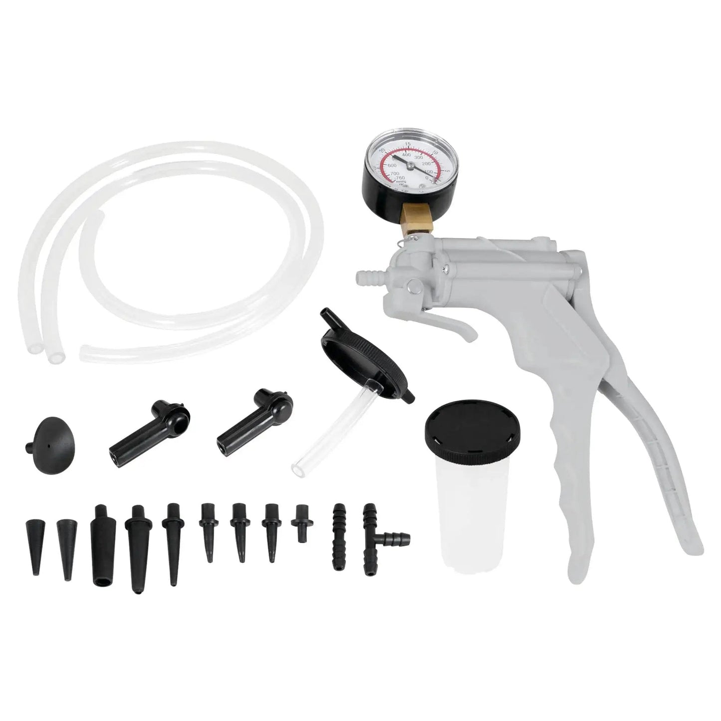 One Man Hand Vacuum Pump Kit For Brake Bleeding And Automotive Tests By Performance Tool with accessories displayed
