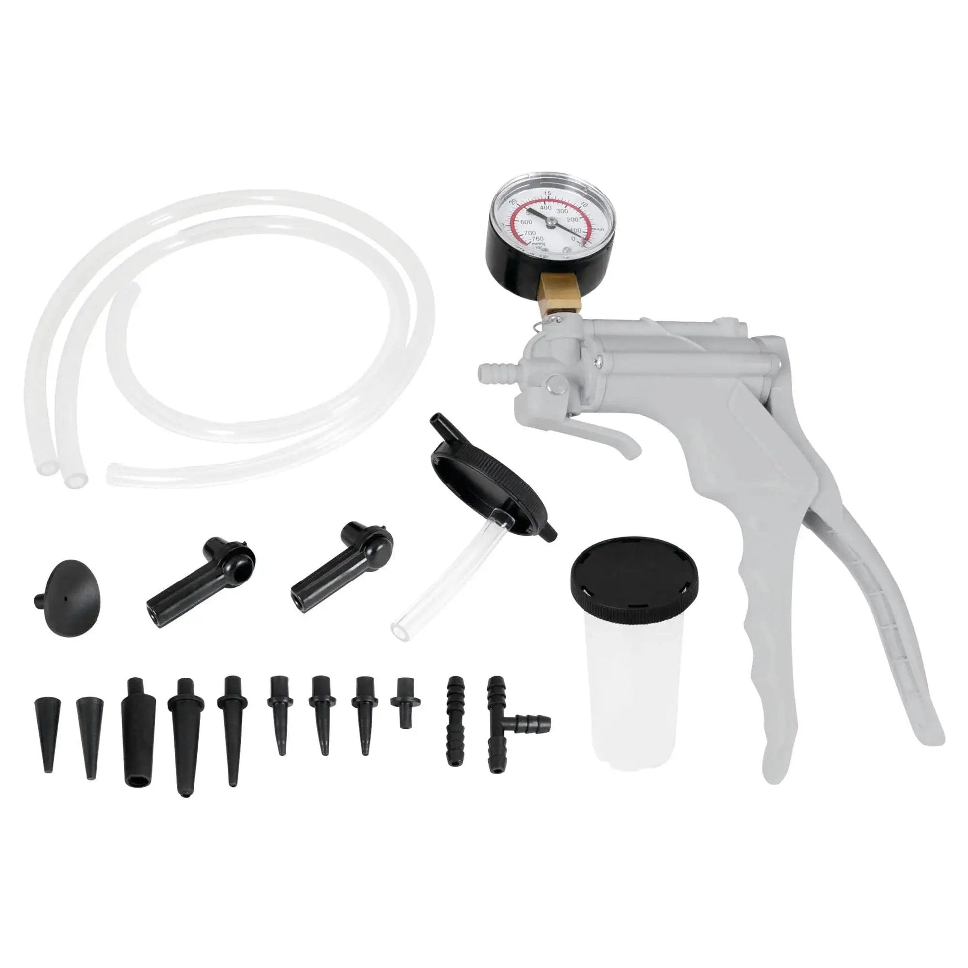One Man Hand Vacuum Pump Kit For Brake Bleeding And Automotive Tests By Performance Tool with accessories displayed