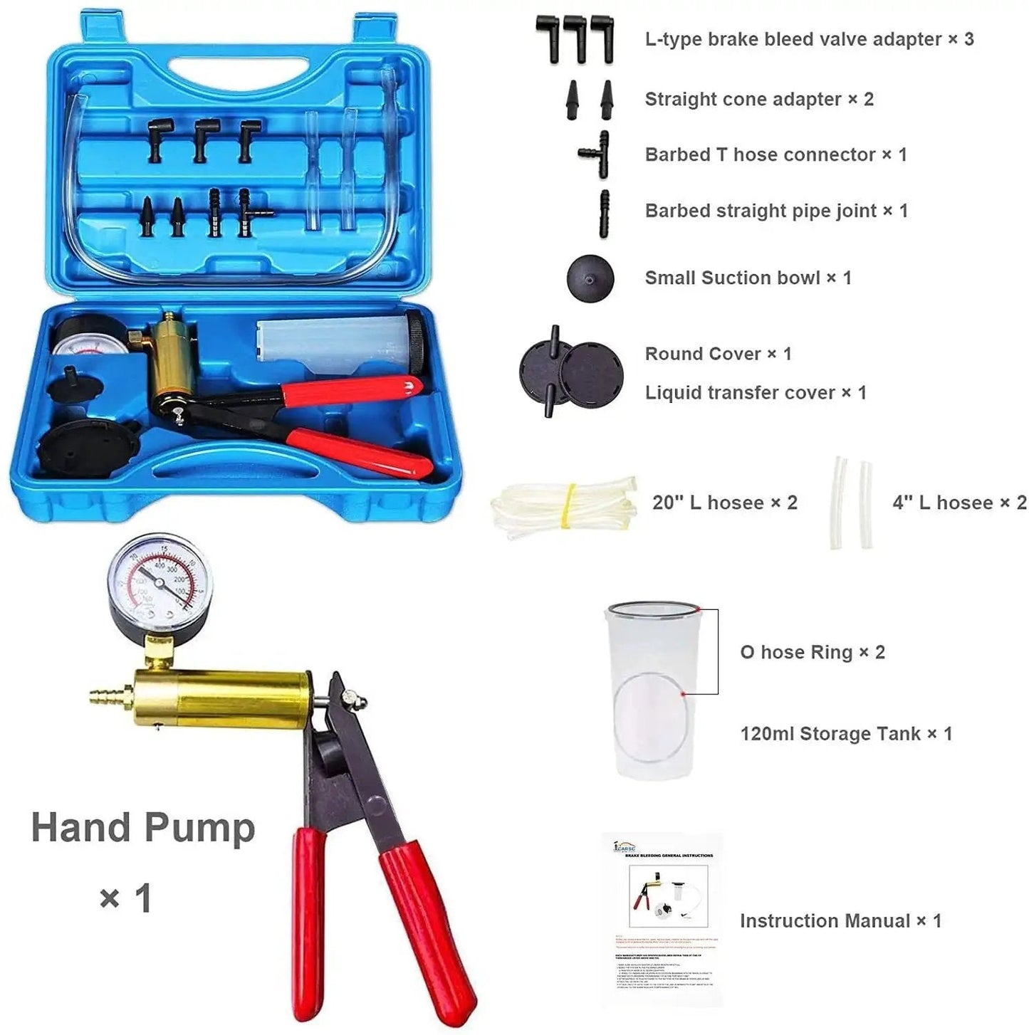 Hand Held Vacuum Pump Tester Kit for Automotive Testing with case, cushioned grip, adapters, gauge, and brake bleeder components displayed.