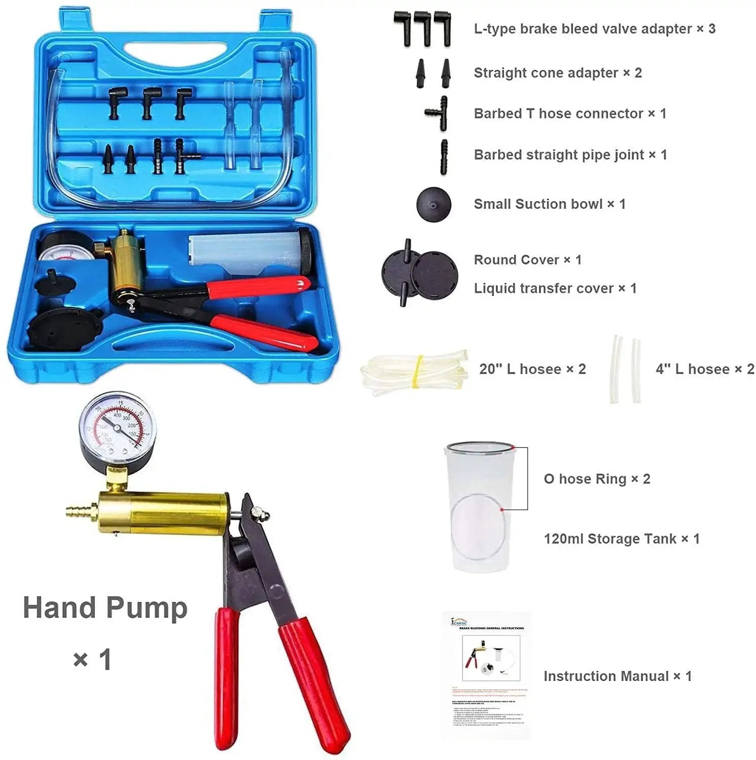 Hand Held Vacuum Pump Tester Kit for Automotive Testing with case, cushioned grip, adapters, gauge, and brake bleeder components displayed.