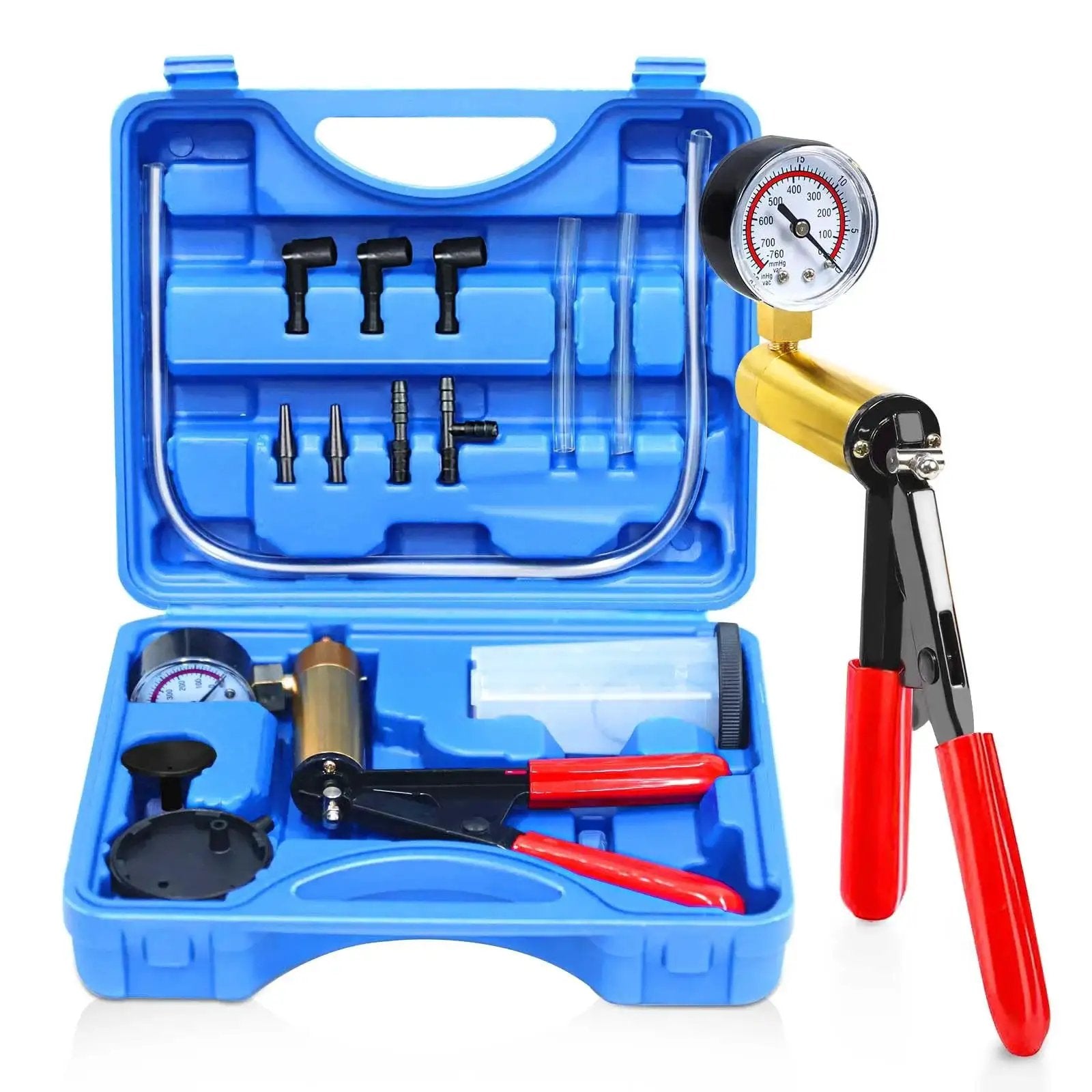 Hand Held Vacuum Pump Tester Kit For Automotive Testing Vacuum Gauges And Brake Bleeder With Pro Grade Adapters And Case Blue