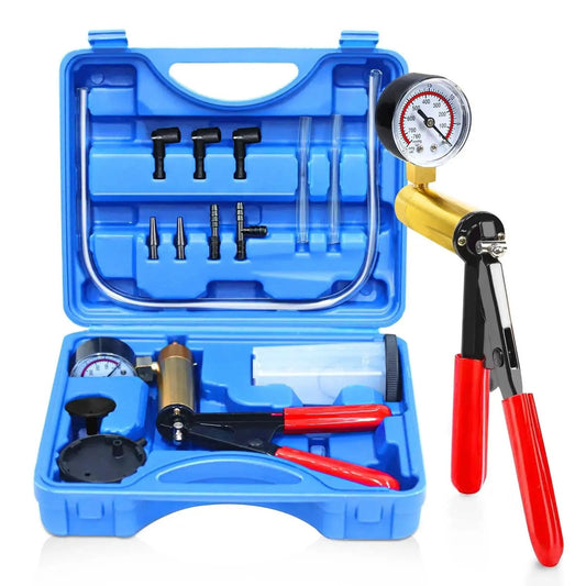 Hand Held Vacuum Pump Tester Kit For Automotive Testing Vacuum Gauges And Brake Bleeder With Pro Grade Adapters And Case Blue
