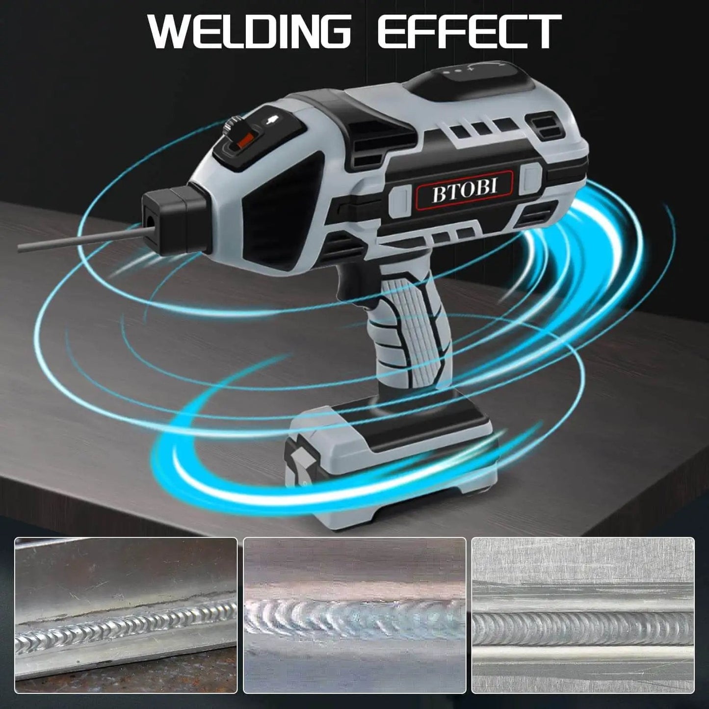 Portable 110V ARC Stick Welder With IGBT Inverter shown on table with welding effect graphics, handheld design for DIY metalworking.