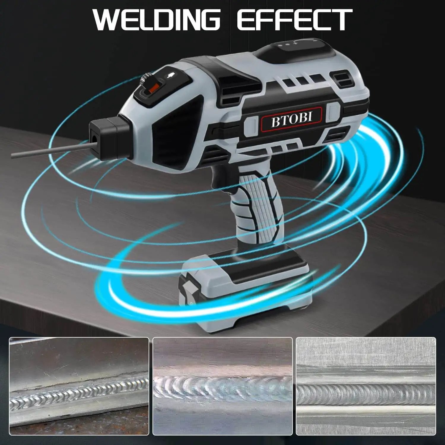 Portable 110V ARC Stick Welder With IGBT Inverter shown on table with welding effect graphics, handheld design for DIY metalworking.